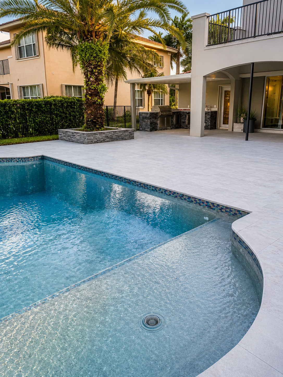 Backyard swimming pool with clear blue water, surrounded by a white tiled deck, palm trees, and a two-story beige house with windows and a balcony, and an outdoor kitchen area.