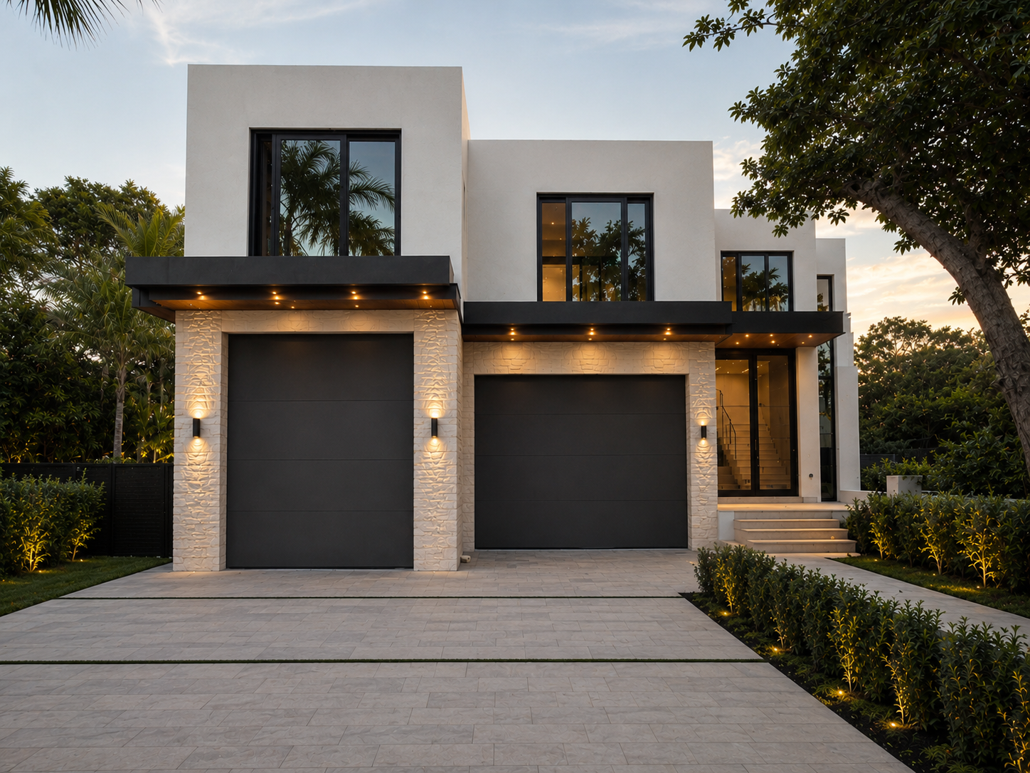 Modern two-story house with white exterior, black garage doors, and large windows, surrounded by landscaped garden and trees at sunset.