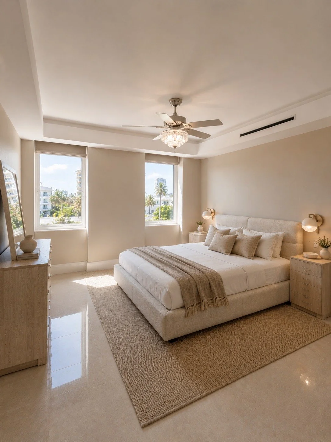 Bright bedroom with a large bed, beige linens, and multiple pillows. Two nightstands with lamps and decor, large windows with city and palm tree views, ceiling fan with chandelier, light-colored walls, and a textured rug.