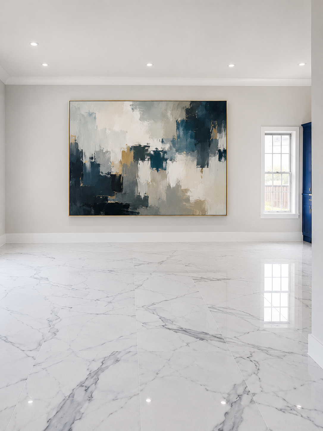 Empty modern room with white marble floor, plain white walls, a large abstract painting in shades of blue, gray, and beige, a window with natural light, and a blue cabinet in the corner.