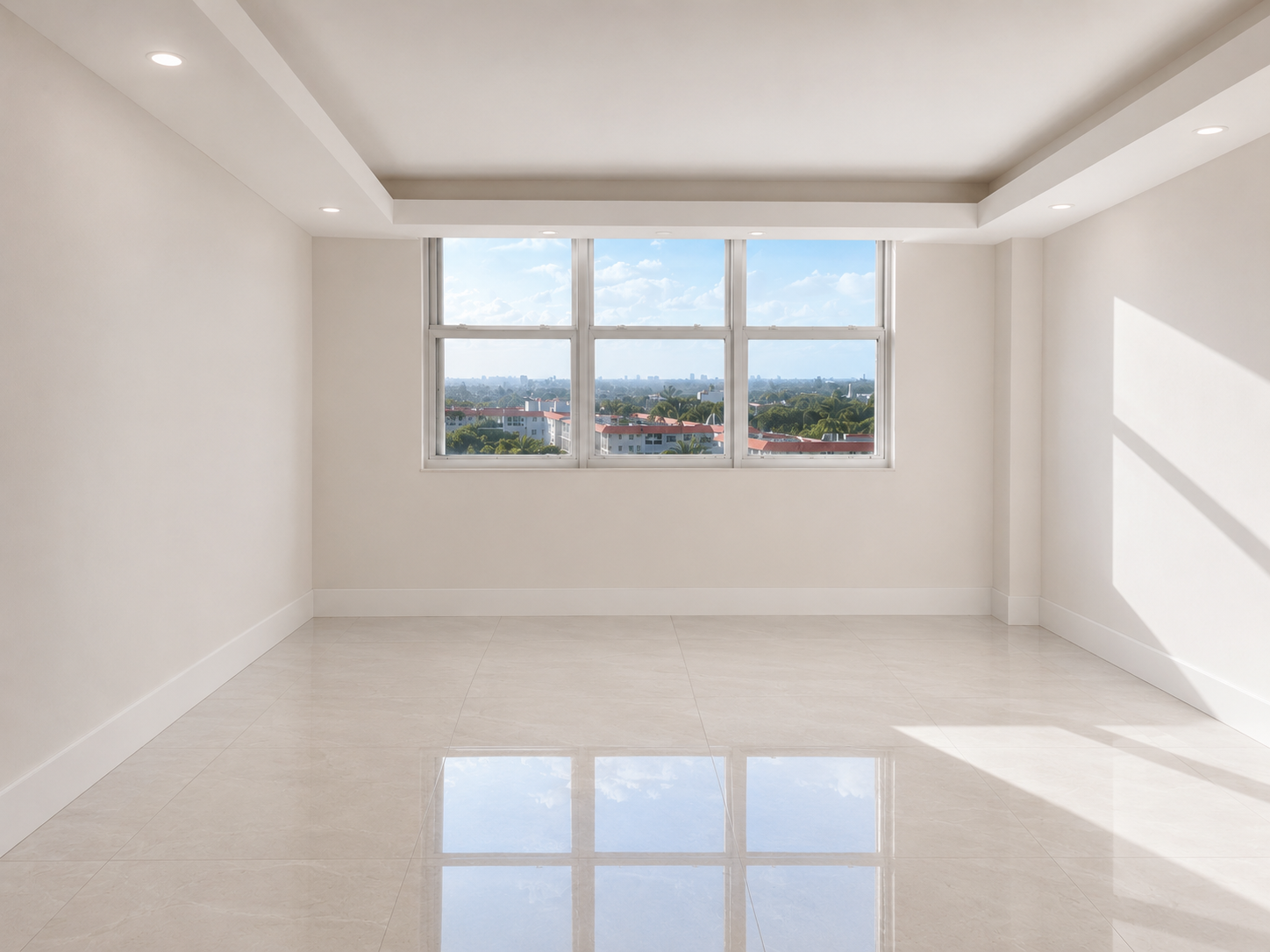 Empty room with white walls, large window showing cityscape and blue sky, beige tiled floor, and recessed ceiling lights.