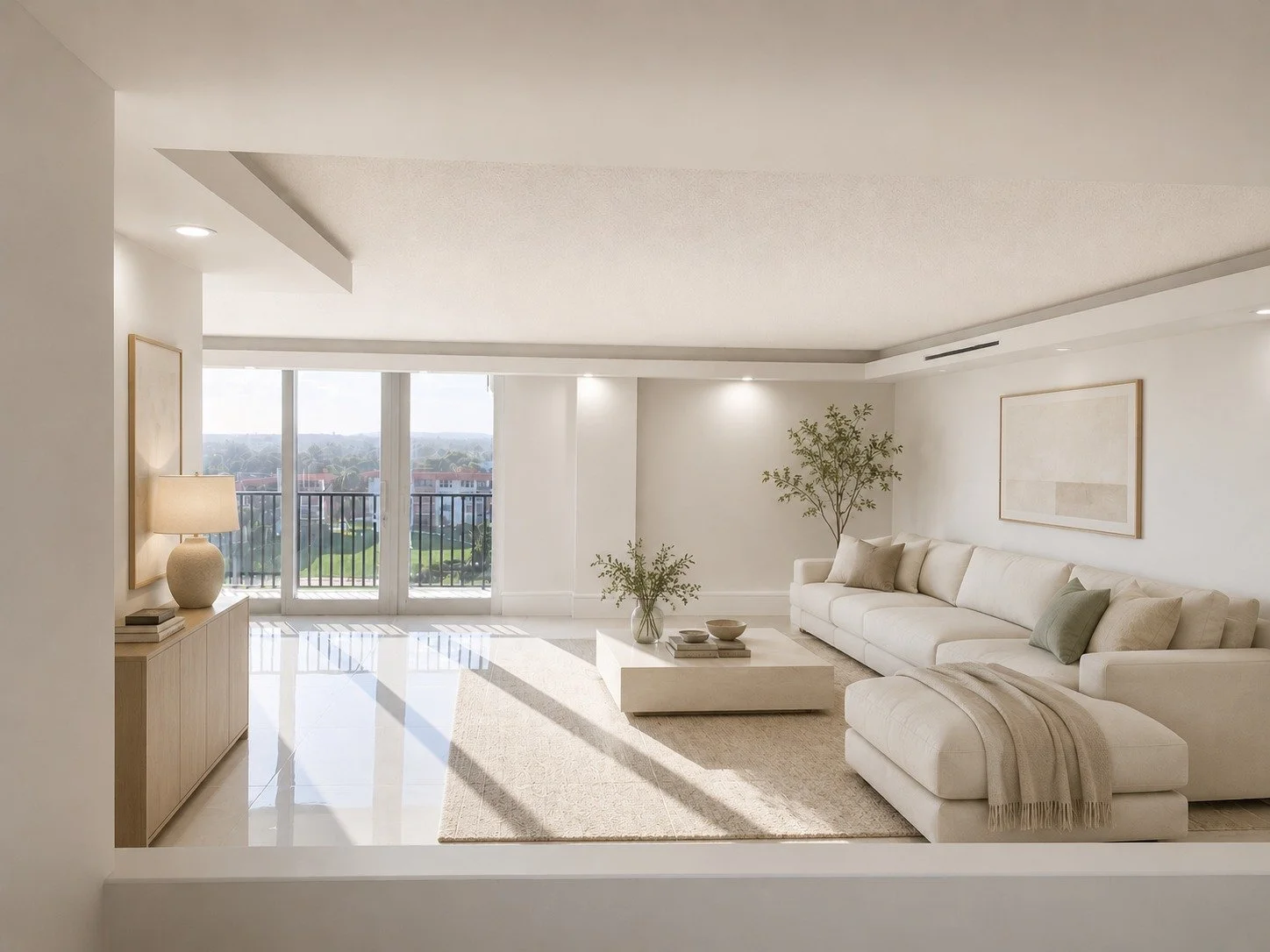 Bright and spacious living room with white walls, large windows with balcony views, beige carpet, and modern furniture including a white sofa, matching ottoman, and a wooden sideboard with a lamp. Minimalist decor with a framed artwork and potted plants.