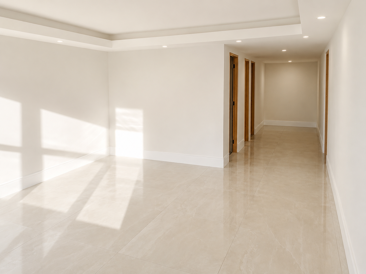 Empty room with white walls, beige tiled floors, and wooden door frames, illuminated by natural sunlight and ceiling lights.