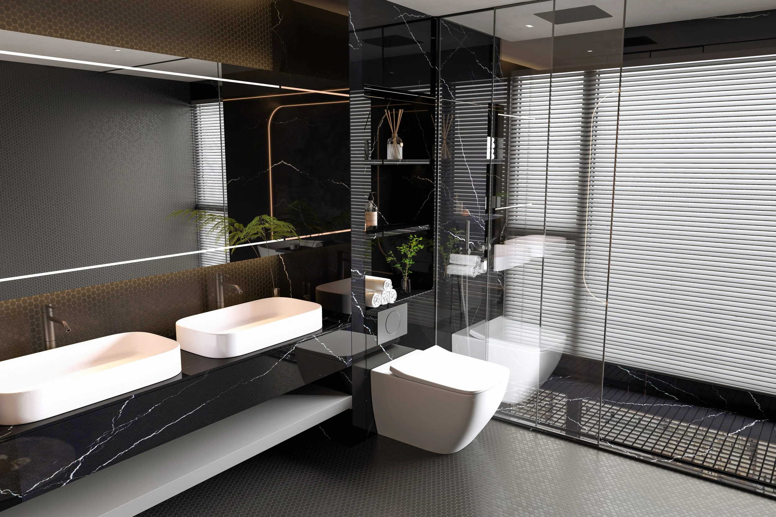 Modern bathroom with black marble vanity, dual white sinks, black shelving, wall-mounted toilet, glass shower enclosure with blinds, and decorative items and plants.