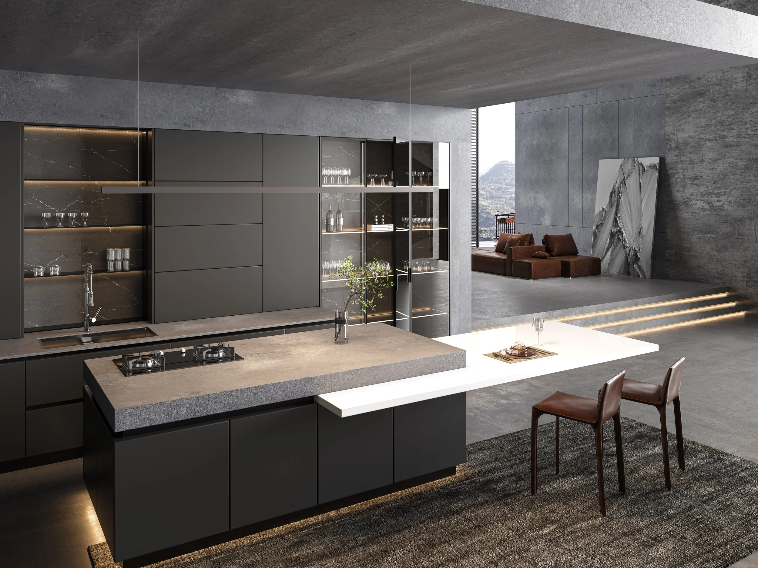 Modern kitchen with black cabinets, gray countertops, and a concrete ceiling, opening to a living area with a brown sofa and large window view.