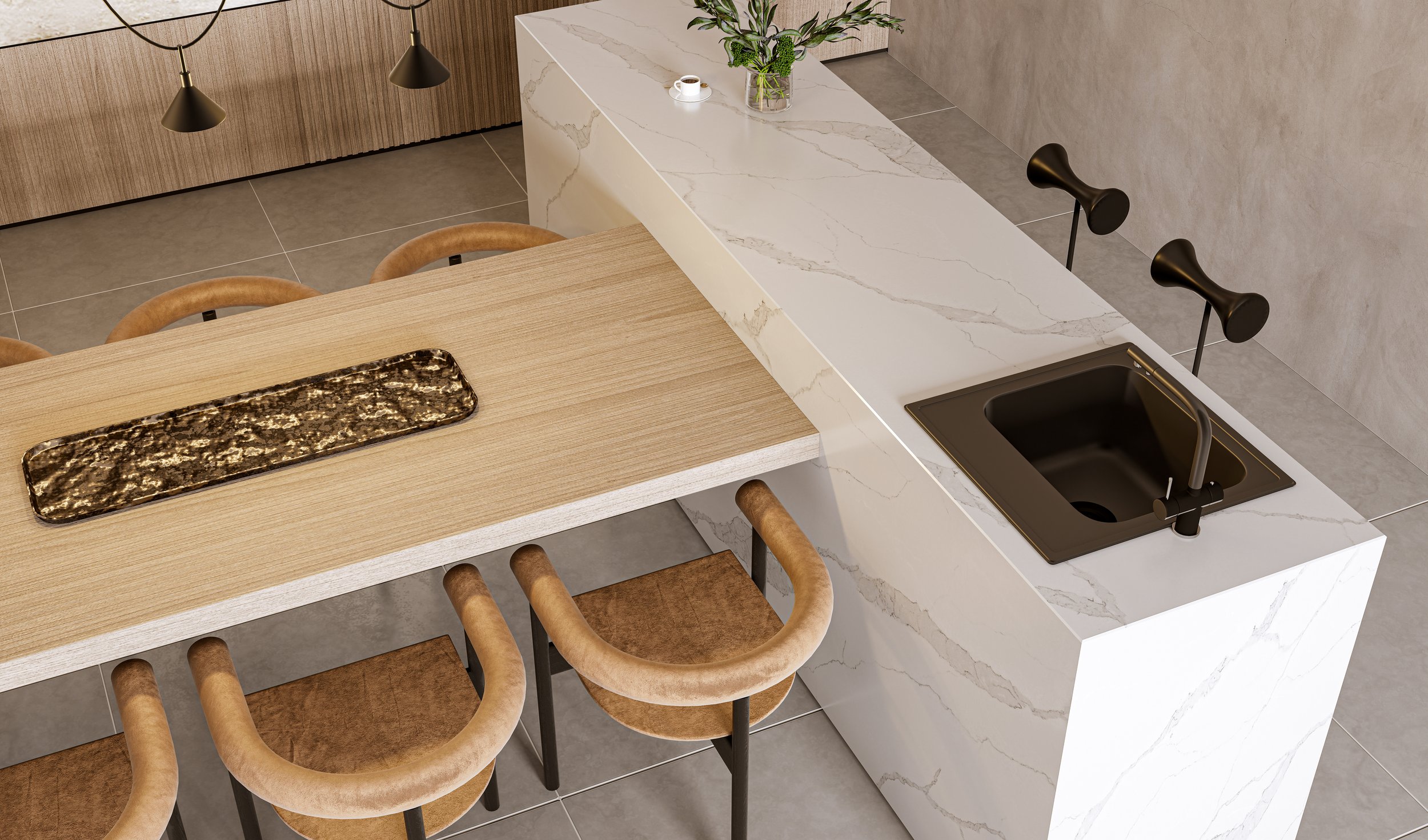 Modern kitchen with a beige wooden table, brown chairs, a marble countertop with a small plant, a black sink, and black adjustable wall-mounted lamps.