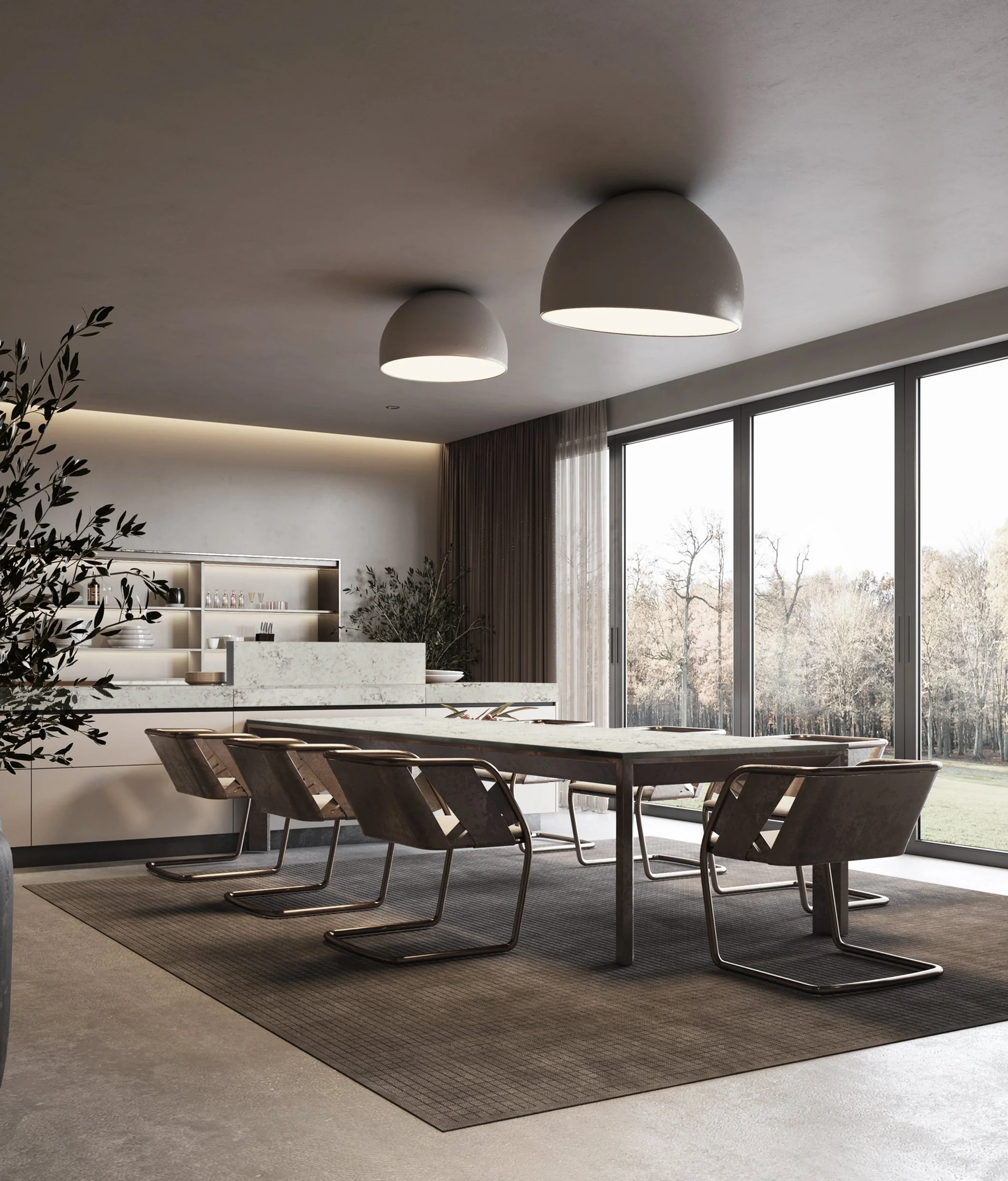 Modern dining room with marble table, six dark chairs, large windows, and minimalist decor.