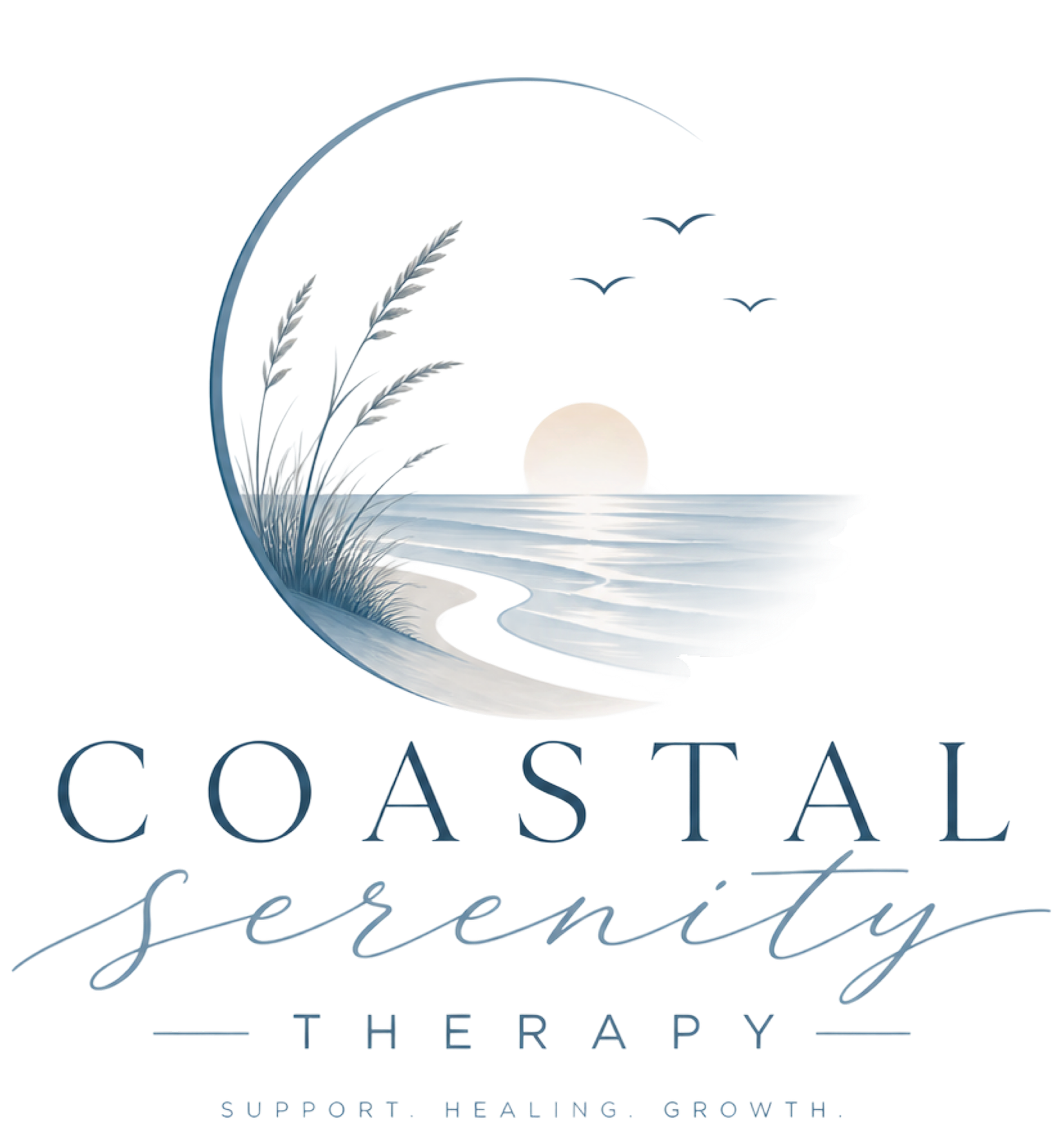 Logo for Coastal Serenity Therapy with a shoreline, sun, and grass, plus the tagline Support. Healing. Growth.