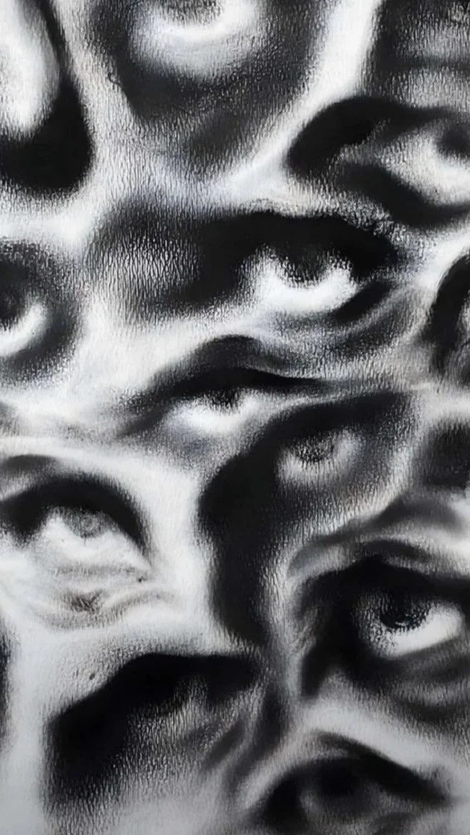 Close-up of multiple black and white human eyes and eyebrows, overlapping and layered in an abstract pattern.