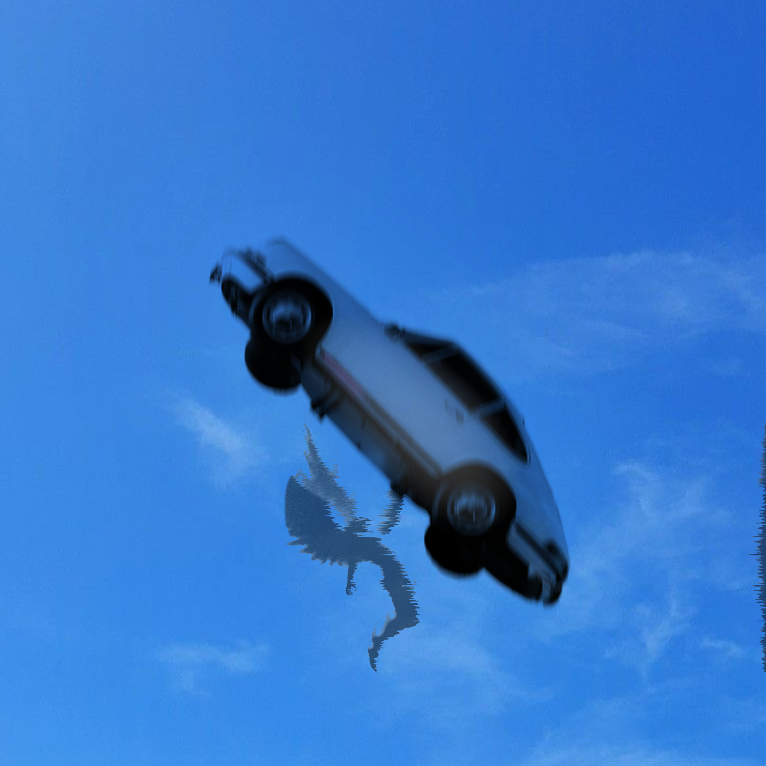 A white sports car falling from the sky with a ghostly reflection and a bird-shaped shadow below, against a blue sky with wispy clouds.