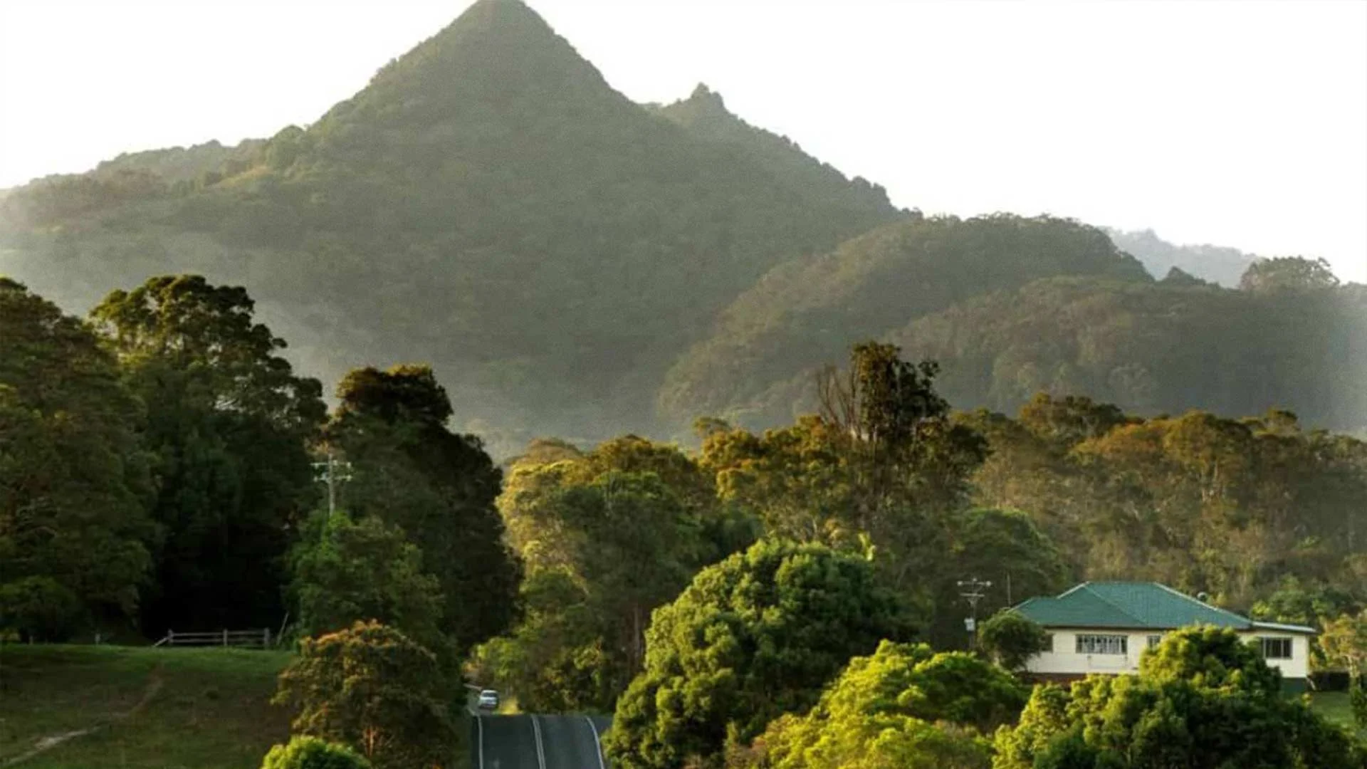 A scenic view of a mountain surrounded by lush green trees, with a small house with a teal roof at the base and a road leading through the forest, under a misty sky.