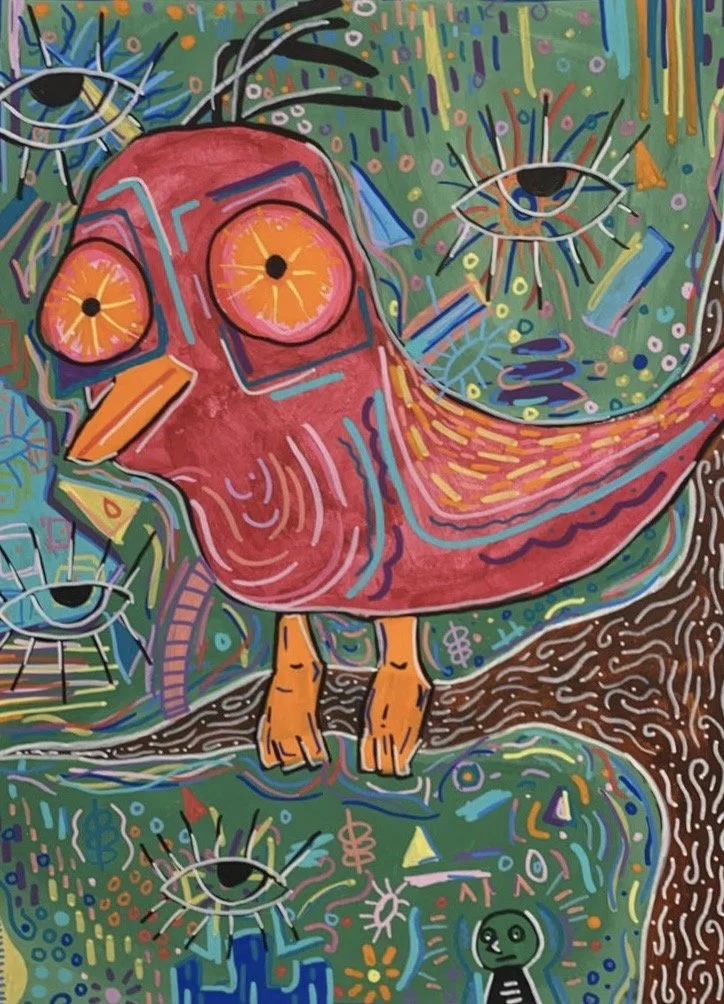 Colorful abstract artwork depicting a pink bird with large yellow eyes, standing on a branch surrounded by various eyes and vibrant patterns.