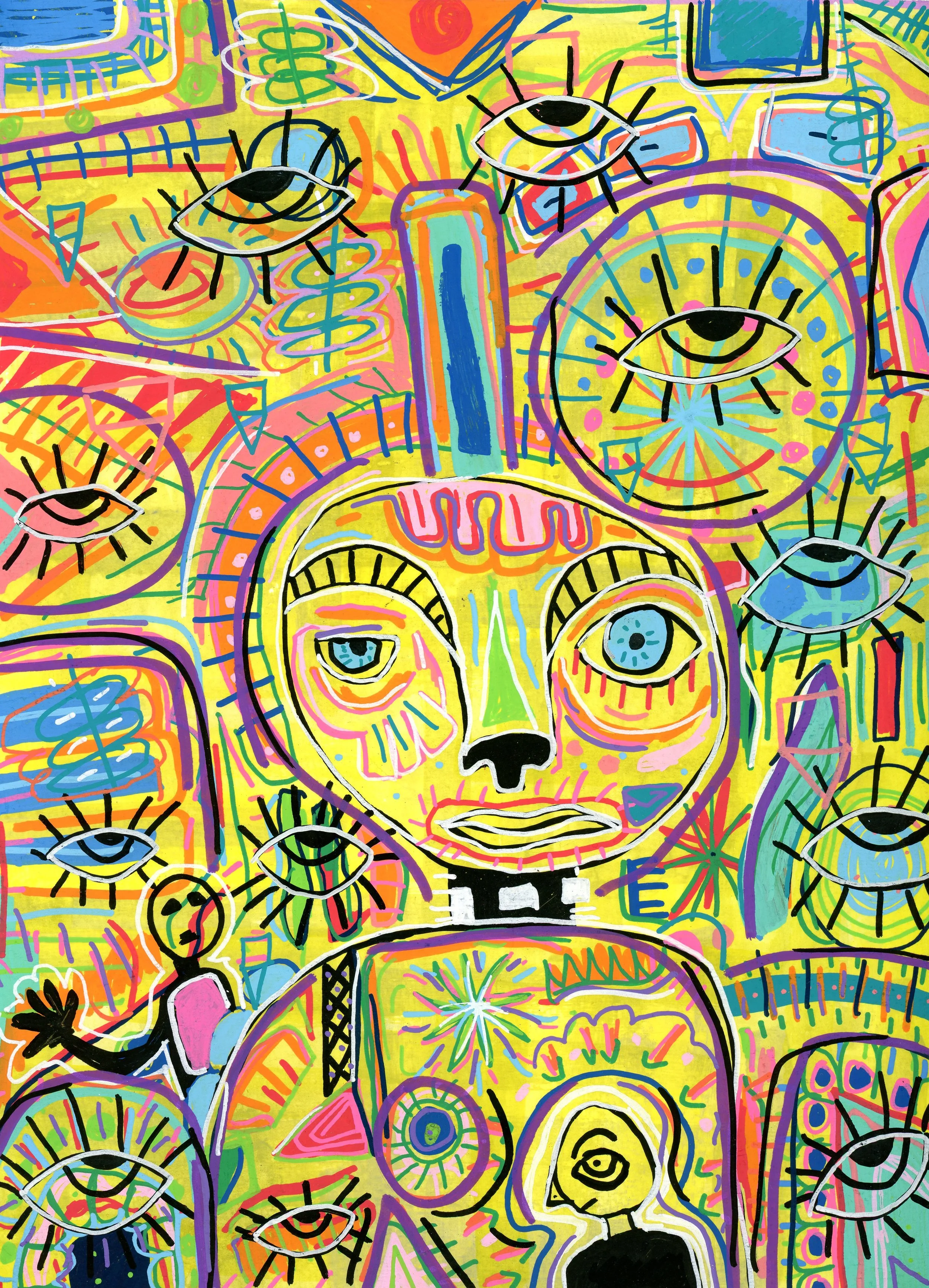 Colorful abstract artwork featuring multiple eyes, faces, and various shapes in vibrant neon and pastel colors with black outlines.