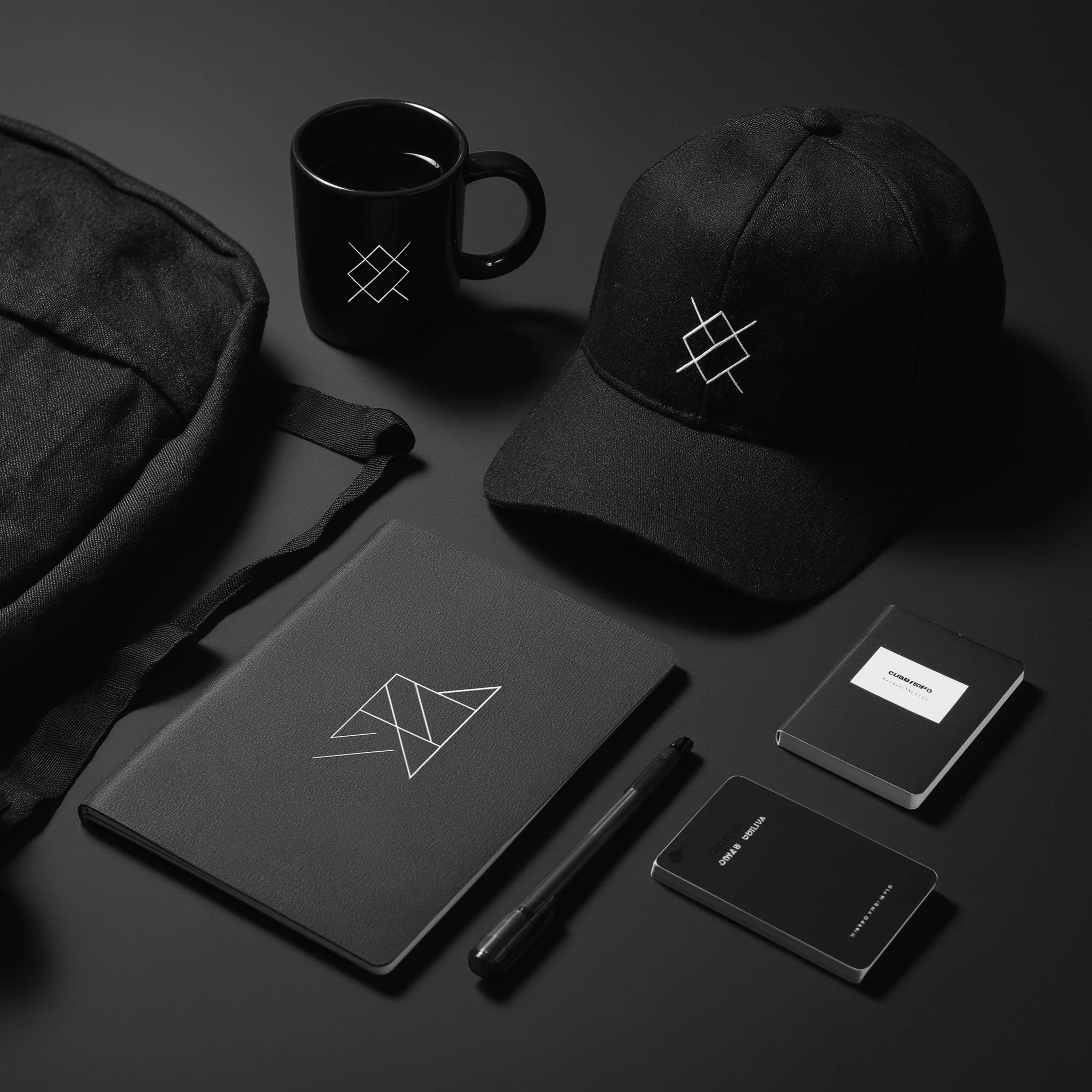 Branding Examples of a hat notebook cup pen bag all in black and cohesive