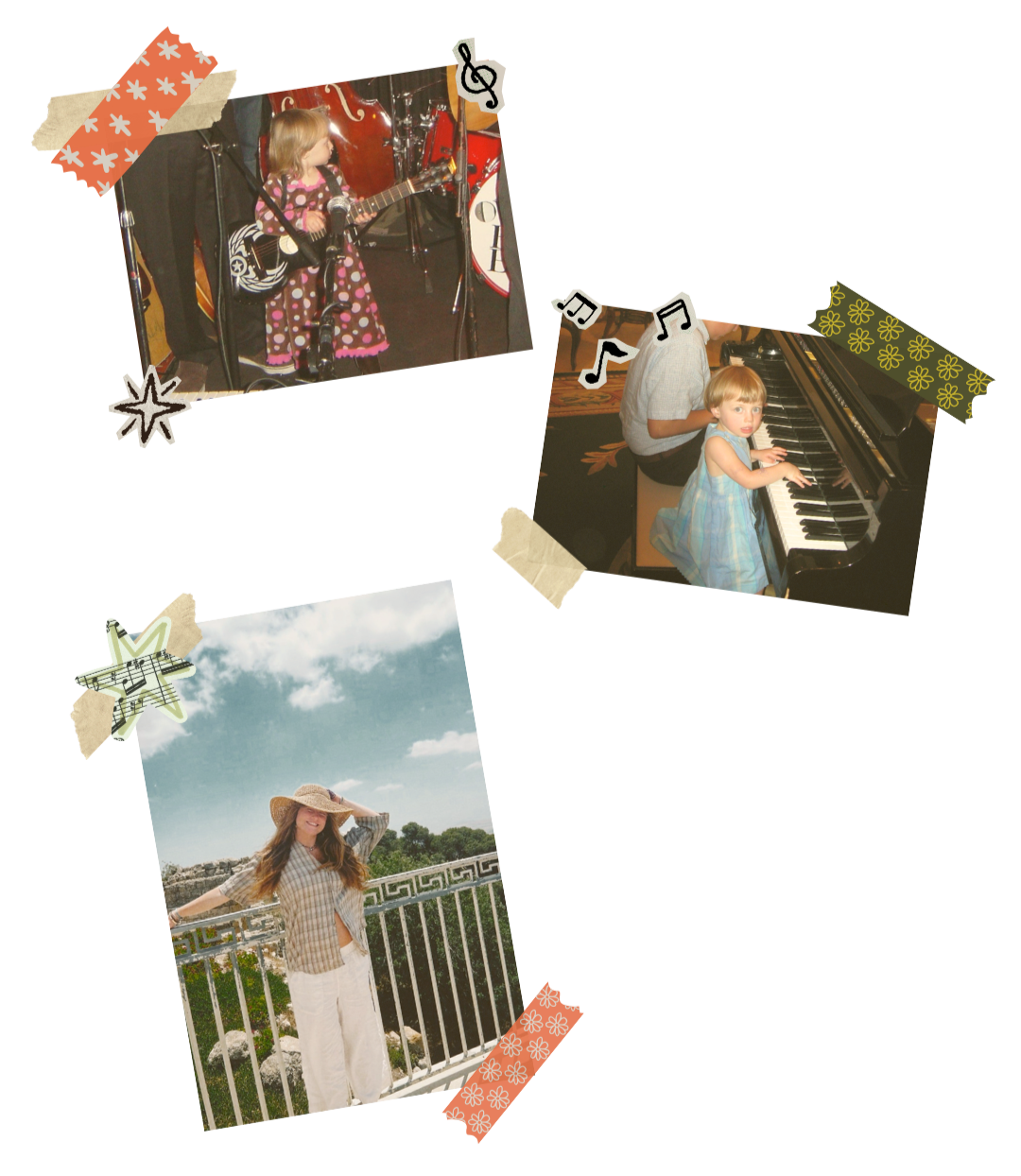A collage featuring a young girl singing with a guitar, a woman playing piano with a young girl, and a woman outdoors wearing a hat and smiling at the camera.