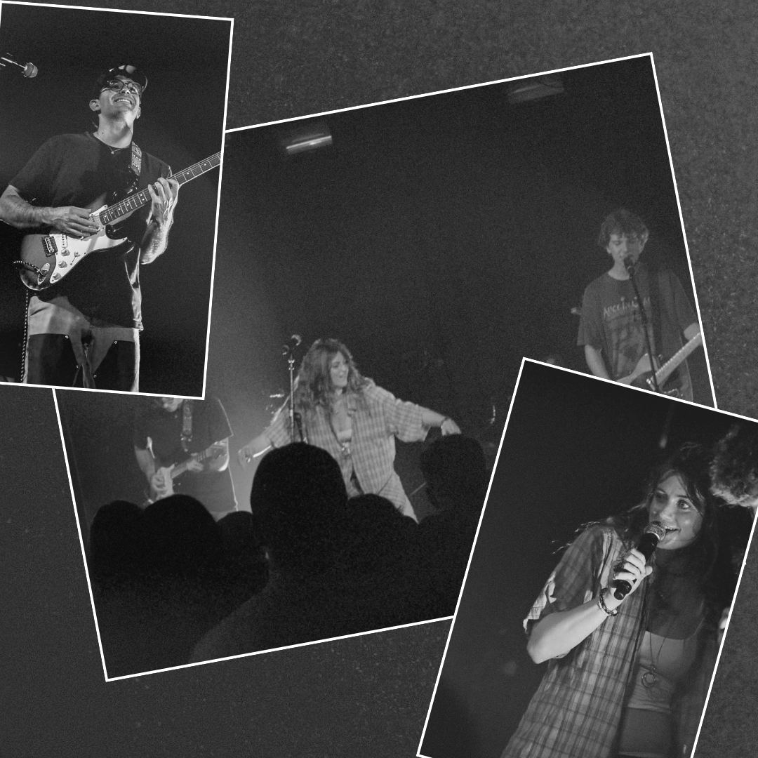 Black-and-white collage of four photos from a live music performance featuring a band and singer on stage, with an audience in front.
