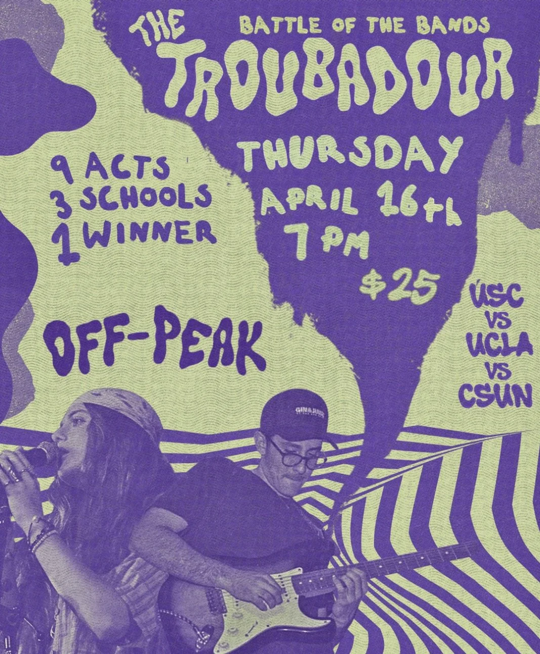 Poster's colorful, psychedelic design advertising 'The Trouble Dour,' 'Battle of the Bands,' with details of date, time, location, and tickets, along with an image of two musicians playing instruments.