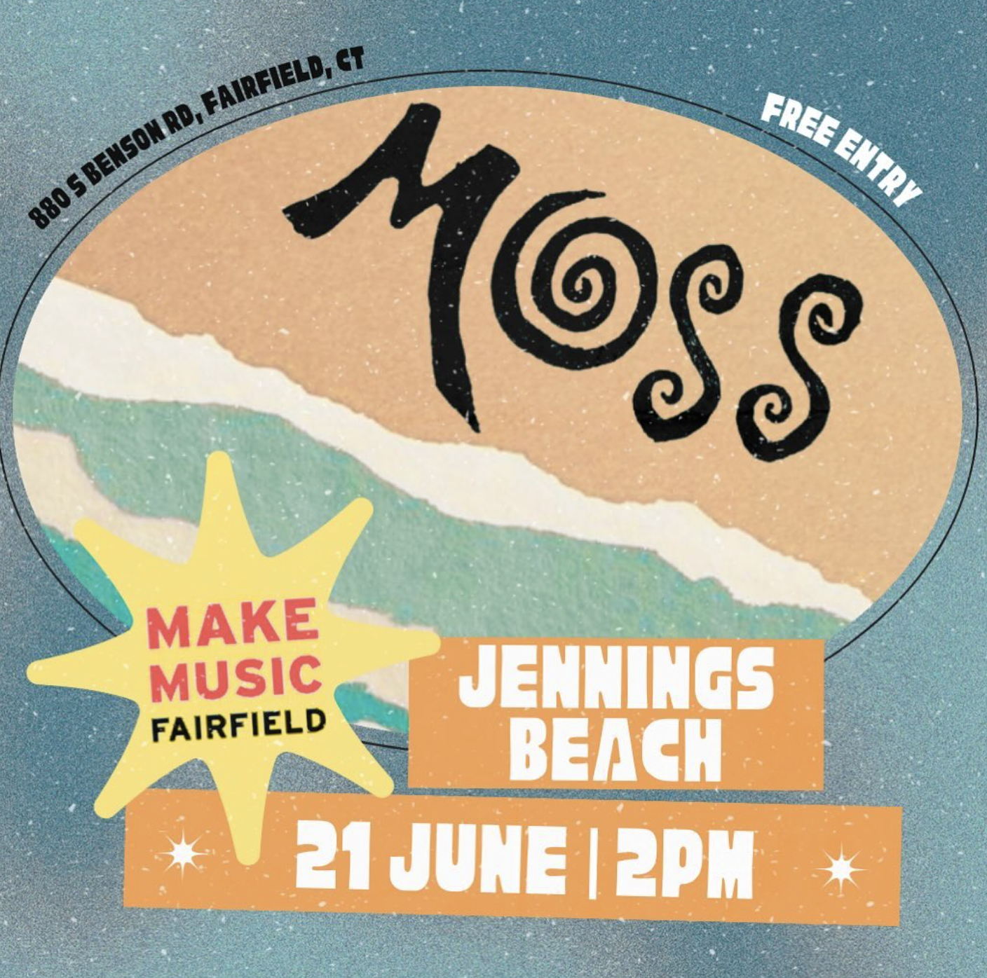Concert or event poster for a music event at Jennings Beach, Fairfield, with details about the date, time, and location, featuring colorful graphics and text.