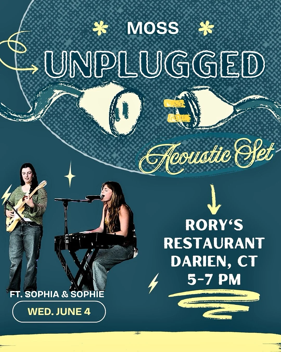 Poster for Moss Unplugged Acoustic Set featuring two women singing and playing guitar and keyboard, with information about the event at Rory's Restaurant in Darien, CT on June 4 from 5-7 pm.