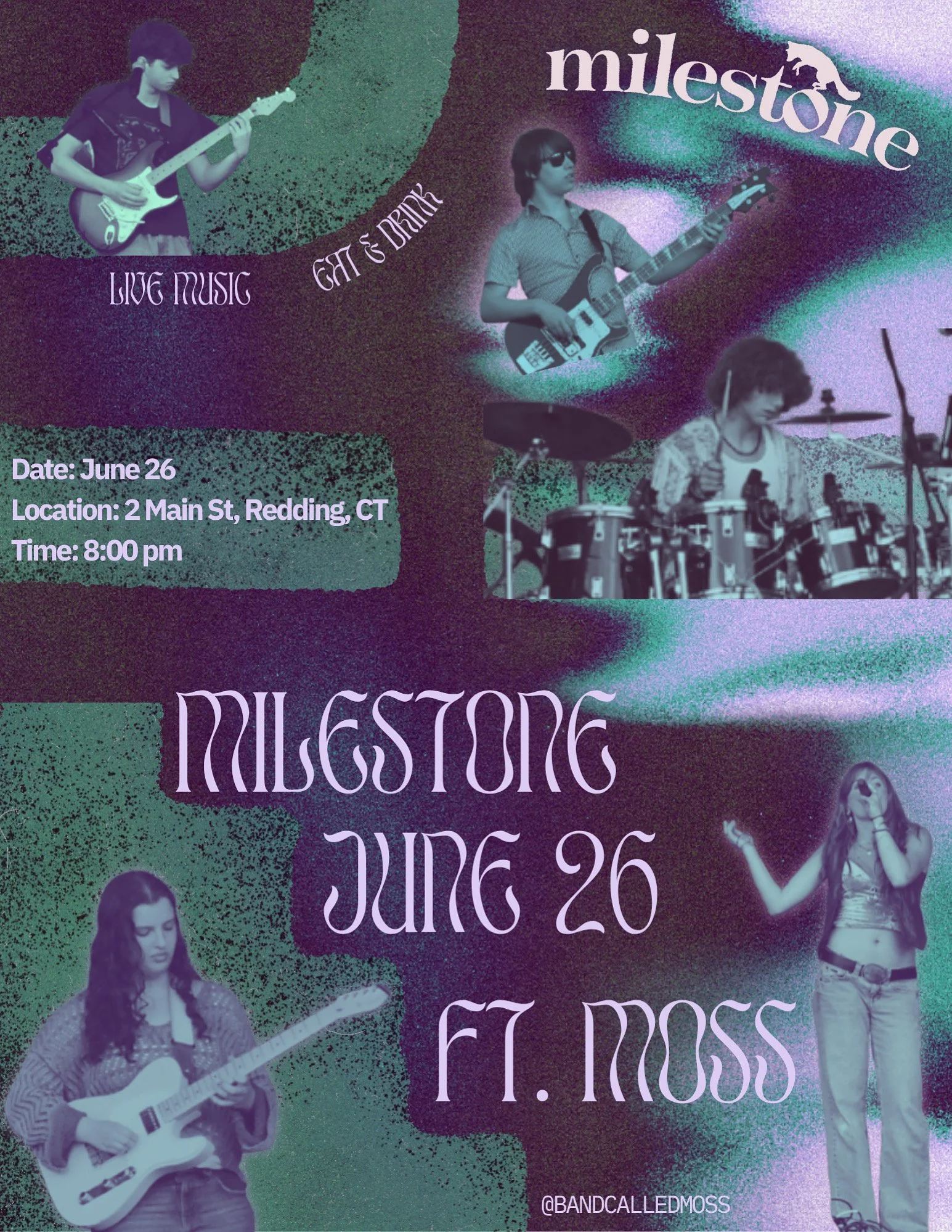 Event poster for 'Milestone' music event on June 26 at 2 Main St., Redding, CT, 8:00 pm. Features photos of four young musicians with guitars and drums, and includes text about live music, night, and dance.