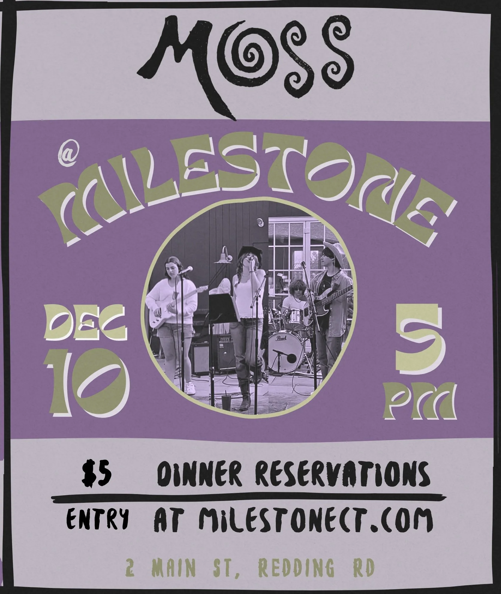 A purple and black event poster advertising live music performances with a photo of a band playing instruments. The poster includes information about dinner reservations for $5 and entry details at Milestone in Redding, California.