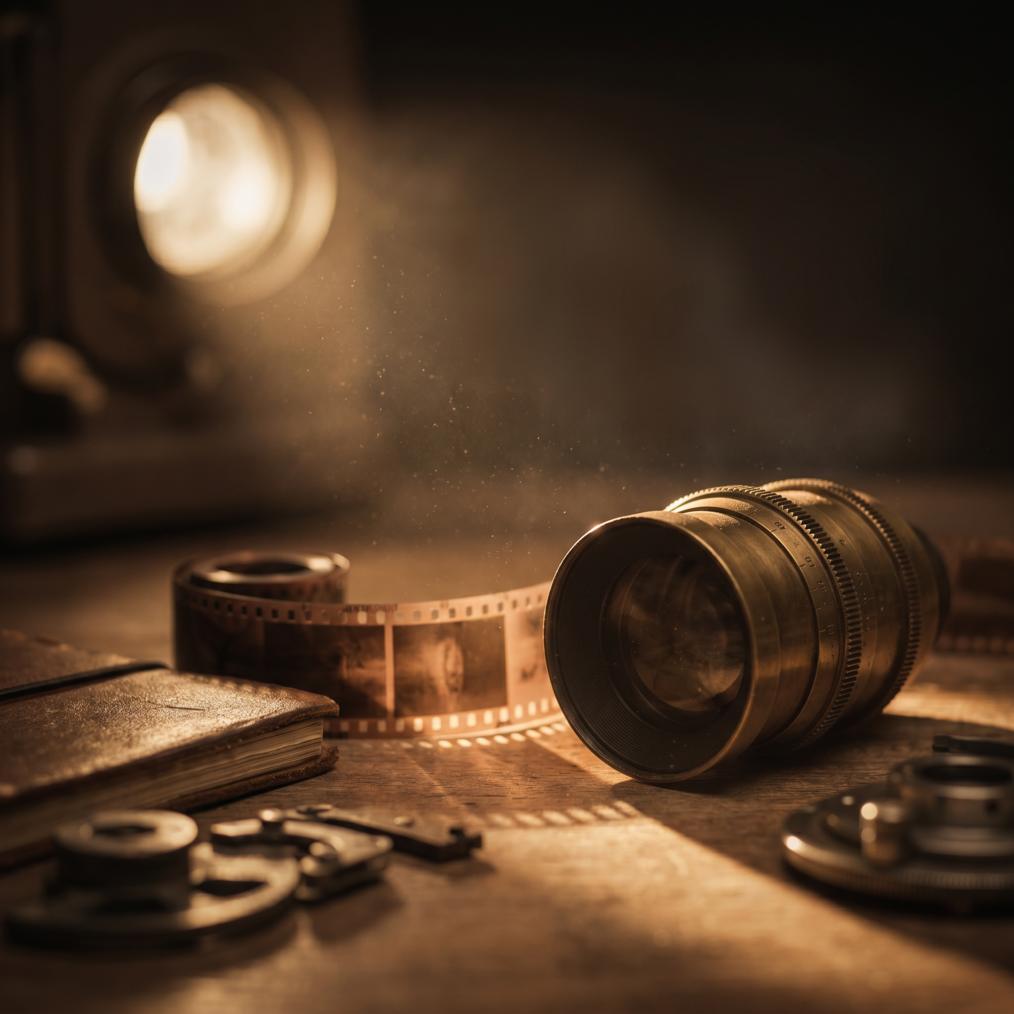 Close-up of a film reel and scattered coins on a wooden surface with dramatic lighting. This represents creative projects: Music videos, short films, visual stories, creative films, documentary-style stories, performance videos, artist projects.