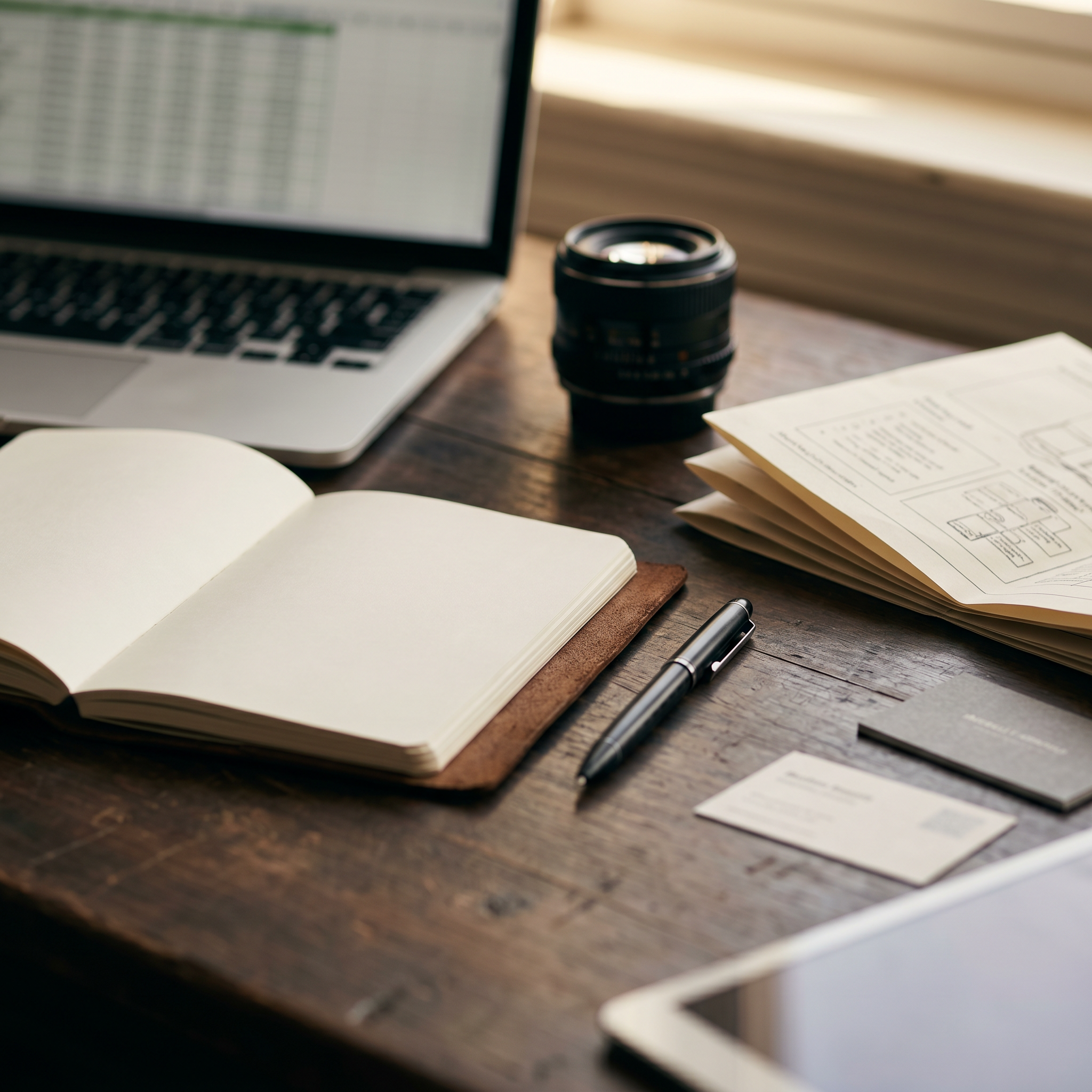 A notebook, pen, printed documents, a camera lens, a laptop, and some papers on a wooden desk. This represents content strategy planning for businesses.