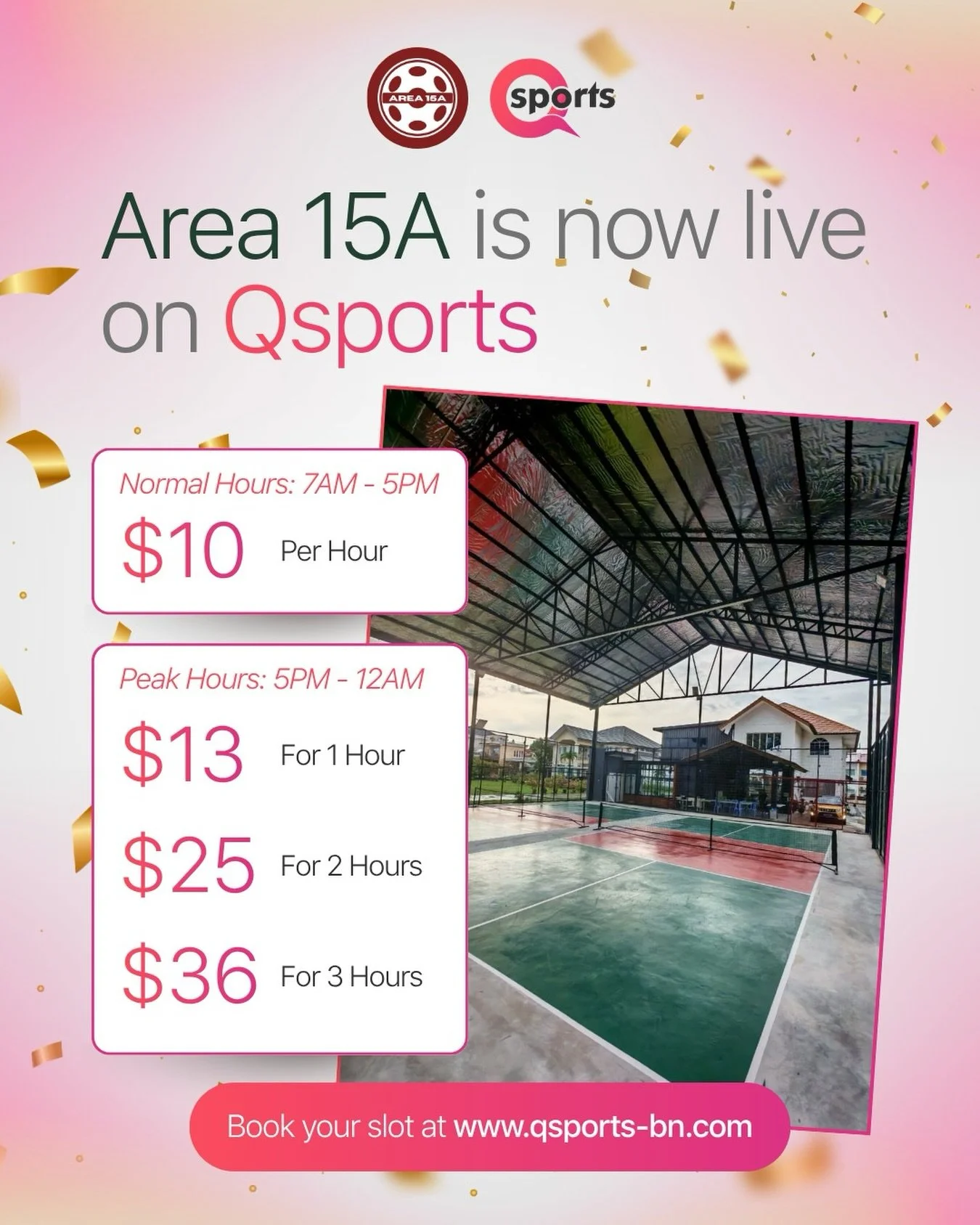 🚨 New Court Alert! 🚨

Area 15A is officially available on Qsports! 🔥

Whether you&rsquo;re planning a casual game with friends or a competitive session, @area.15a got your court ready 🥳

🌐 Book instantly at www.qsports-bn.com or visit @area.15a 