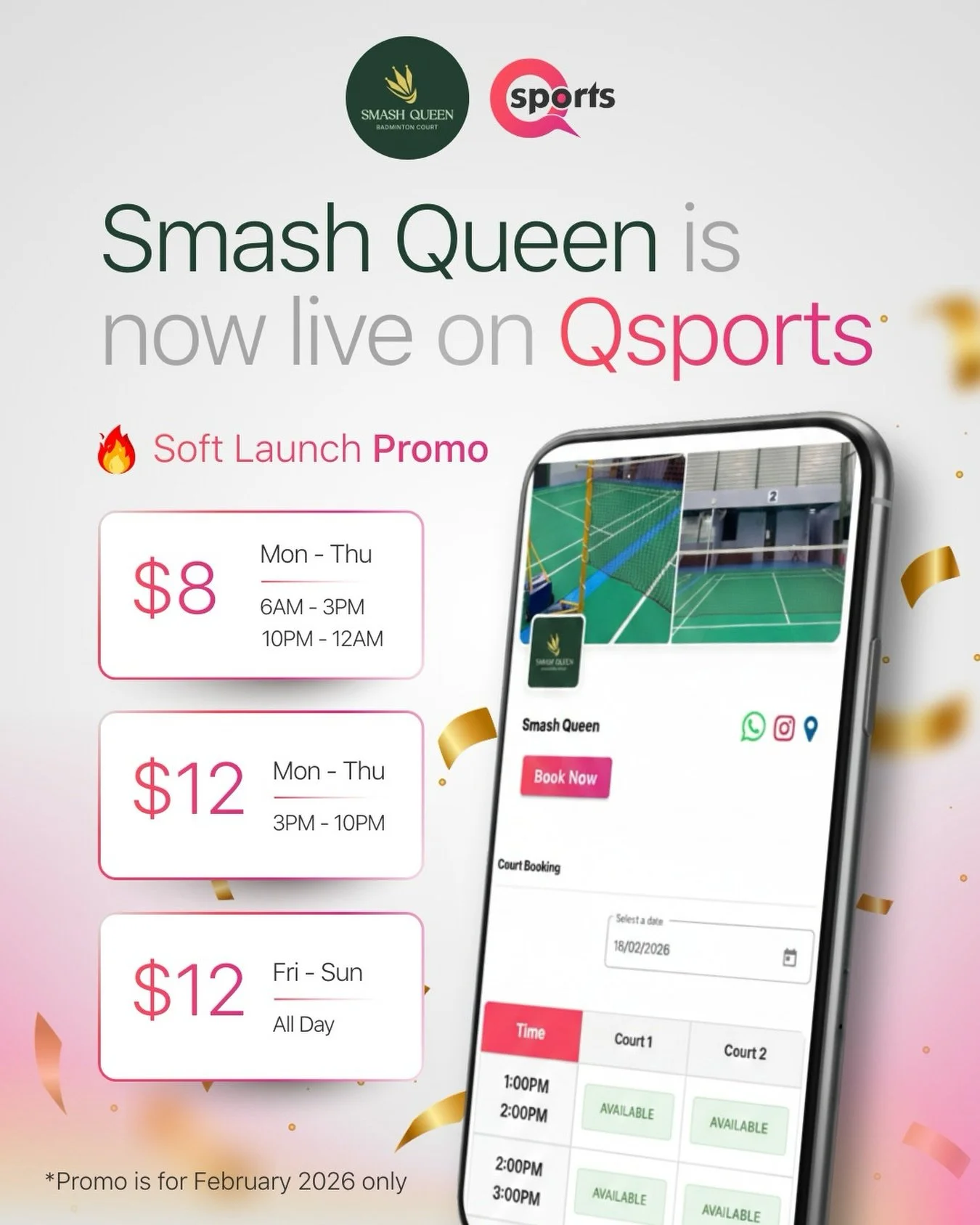 We&rsquo;re excited to announce that @smashqueenbn is now LIVE on our website 🎉

🔥 Enjoy their Soft Launch rates before February ends, starting from just $8!

🔗 Book your court now at www.qsports-bn.com ✨