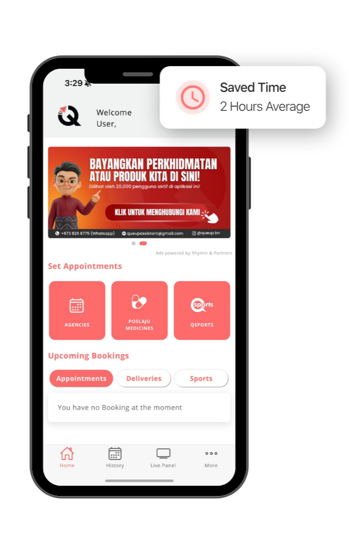 A smartphone screen displaying a health or appointment app interface, showing a welcome message, a promotional banner, appointment options for agencies, medicine, and sports, upcoming bookings, and navigation icons at the bottom for home, history, live panel, and more.