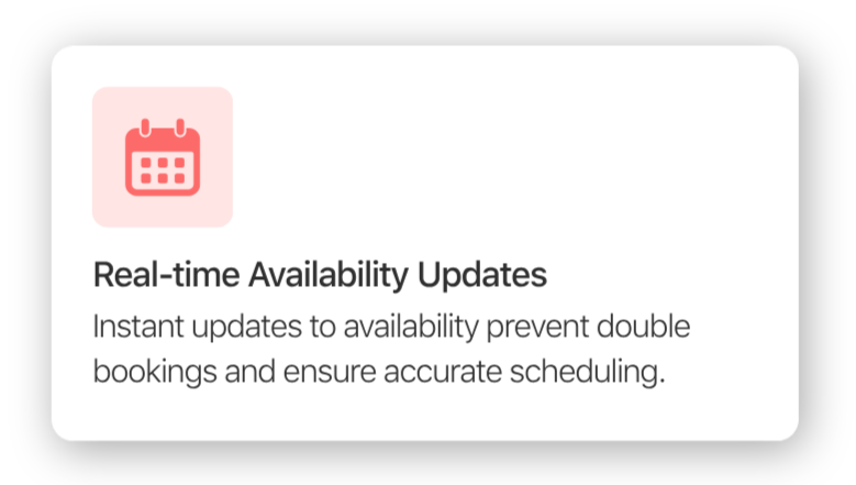 A digital information card with a pink calendar icon in the top left corner and text about real-time availability updates for bookings.