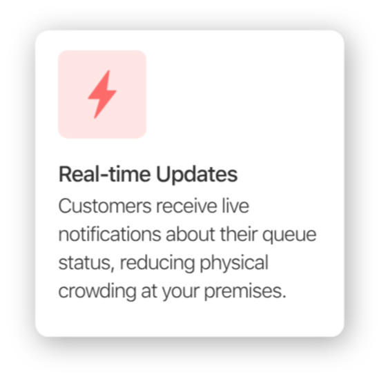 Notification icon with a lightning bolt and text about real-time updates for customer queue status