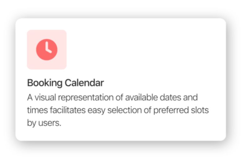 Slide with a clock icon and the title 'Booking Calendar.' Description explains that it visually shows available dates and times to help users select preferred slots.