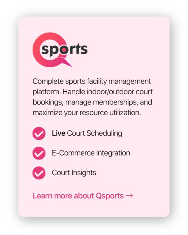 Qsports which is a sports facility management platform in Brunei offering court scheduling, e-commerce integration, and court insights, with a call to action to learn more.