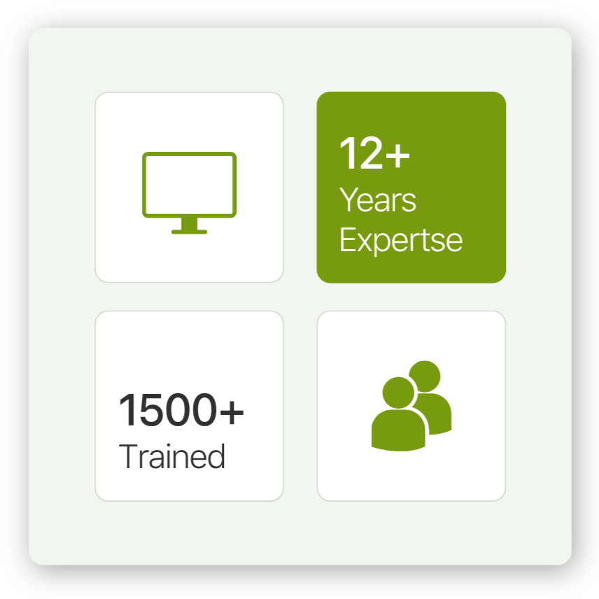 Infographic about Rhymin and Partner's trainings which highlights their expertise in technology, over 12 years of experience, more than 1500 trained individuals, and a team of professionals.