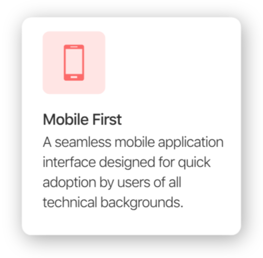 Information card with a pink mobile phone icon and the title "Mobile First" explaining a mobile application interface designed for quick adoption by users of all technical backgrounds.