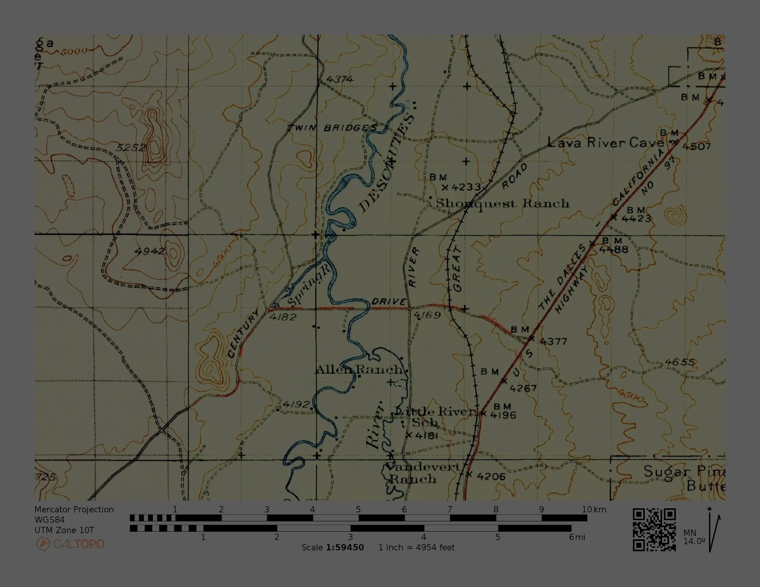 Topographic map showing the Desolation Creek area with contour lines, rivers, roads, and labels indicating landmarks like Twin Bridges, Shotquest Ranch, Allen Ranch, and Mountain peaks.