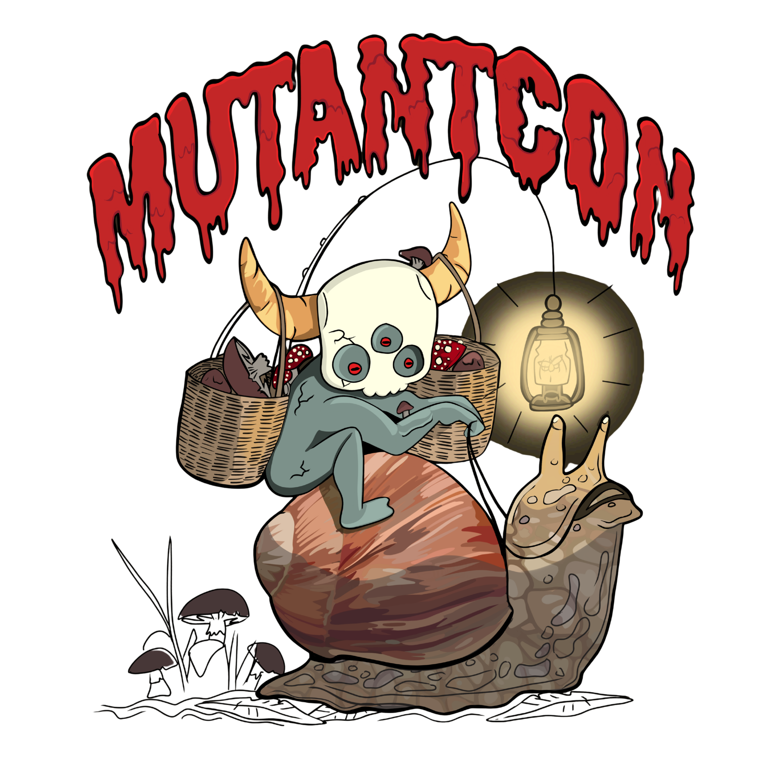 A cartoon illustration of a skull with hair, sitting in a basket filled with mushrooms, next to a lantern, with a sign above that says "Horrific" in drippy red letters.