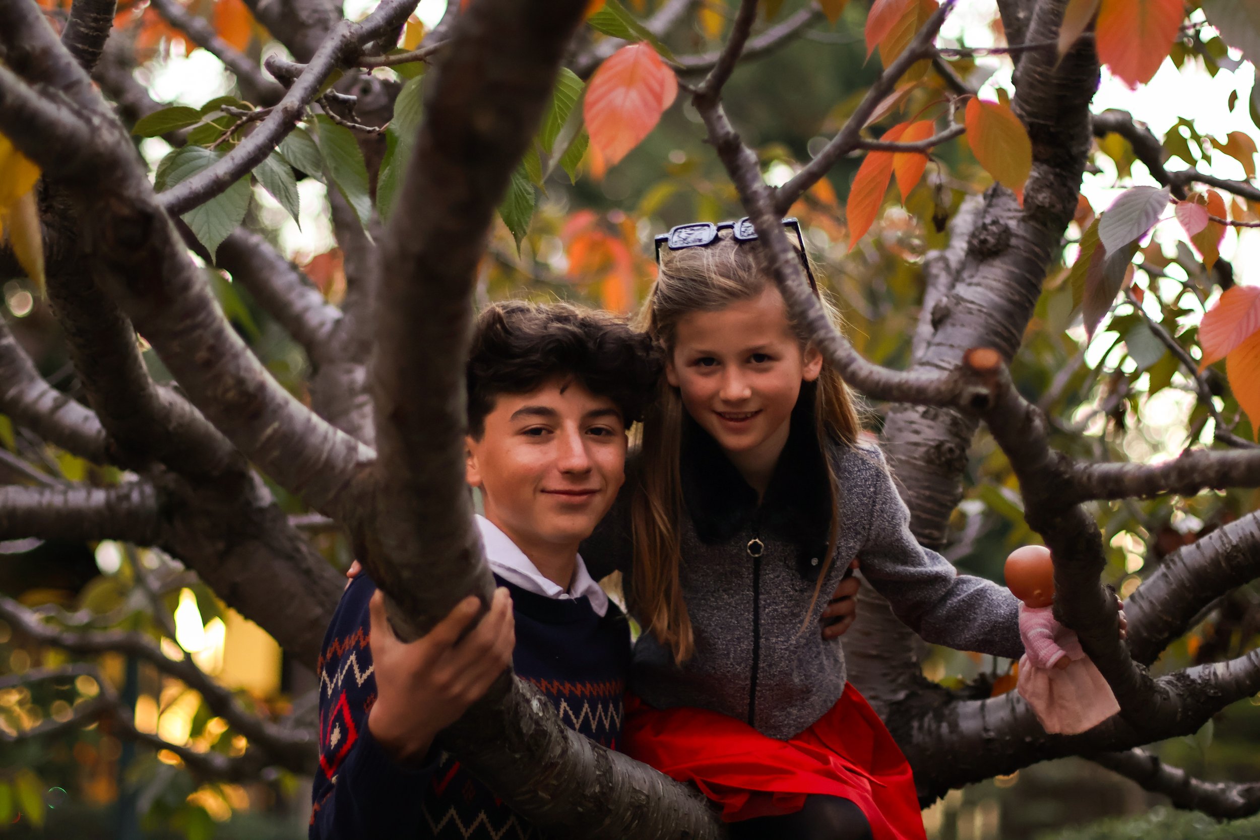 Two children, a boy and a girl, sitting in a tree among autumn leaves, smiling at the camera.