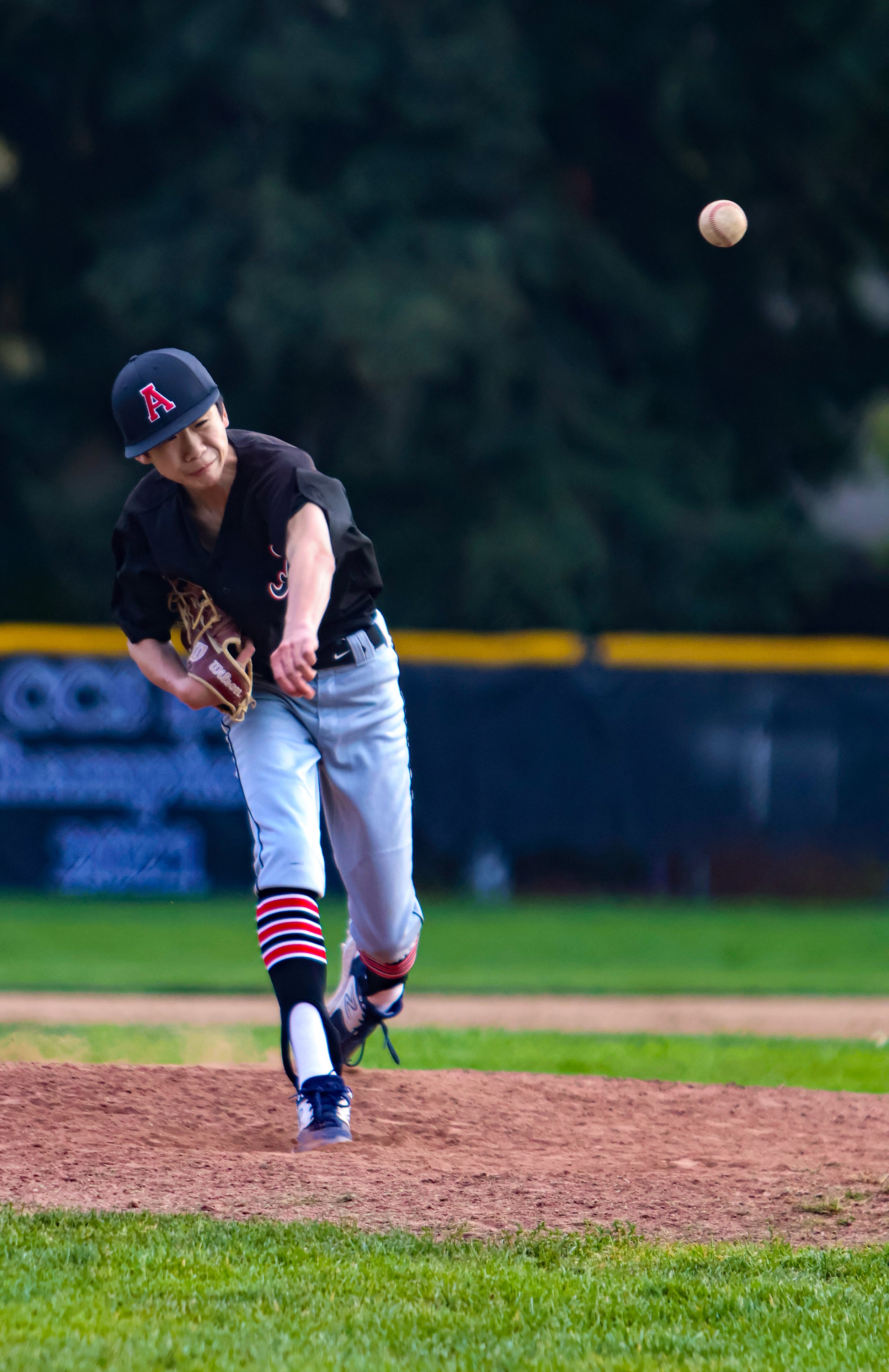 A young baseball player in a black uniform with white pants and striped socks is pitching a baseball on a baseball field.