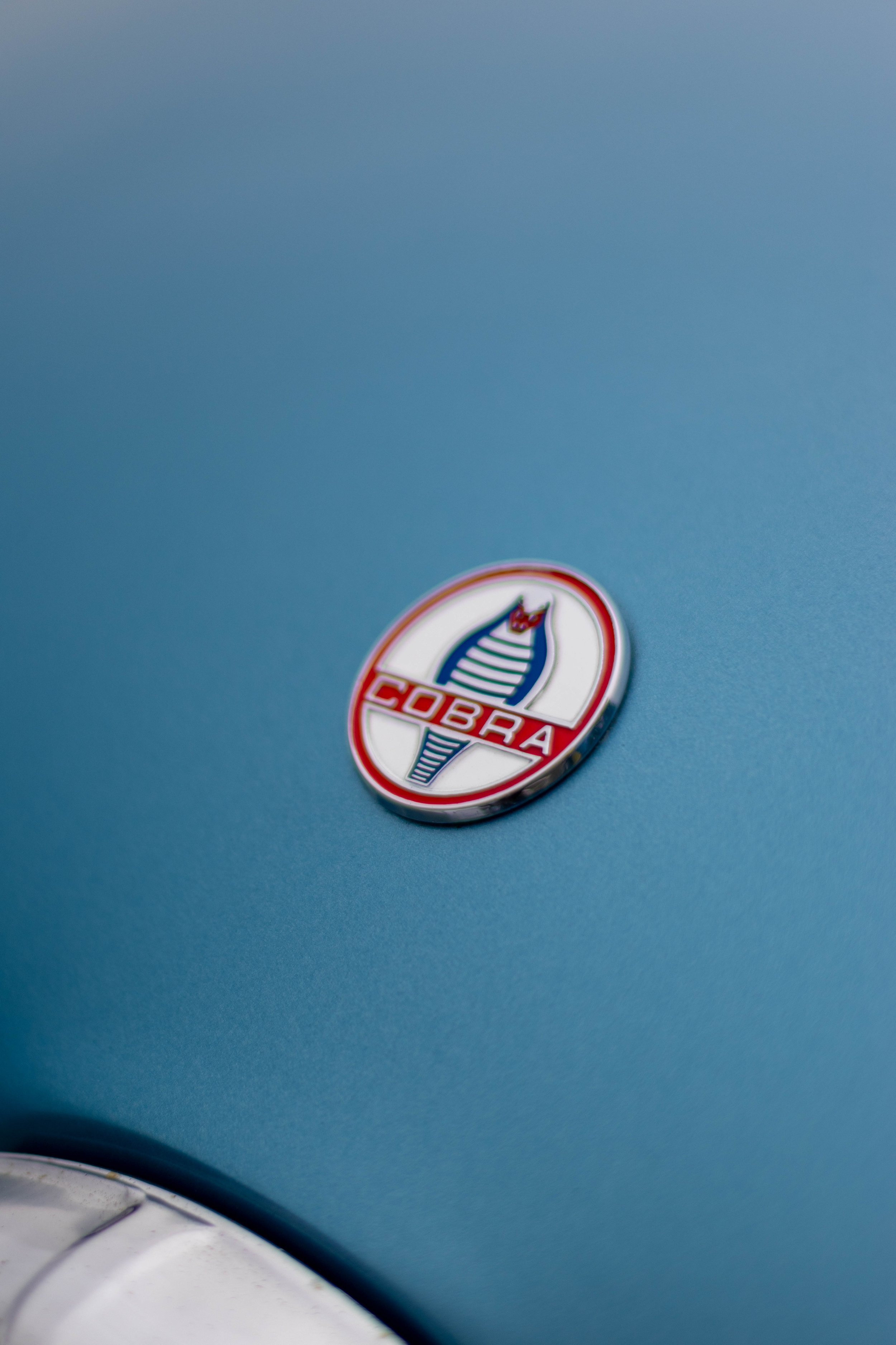 Close-up of a Cobra car emblem on a blue vehicle. Part of a white tire is visible in the bottom left corner.