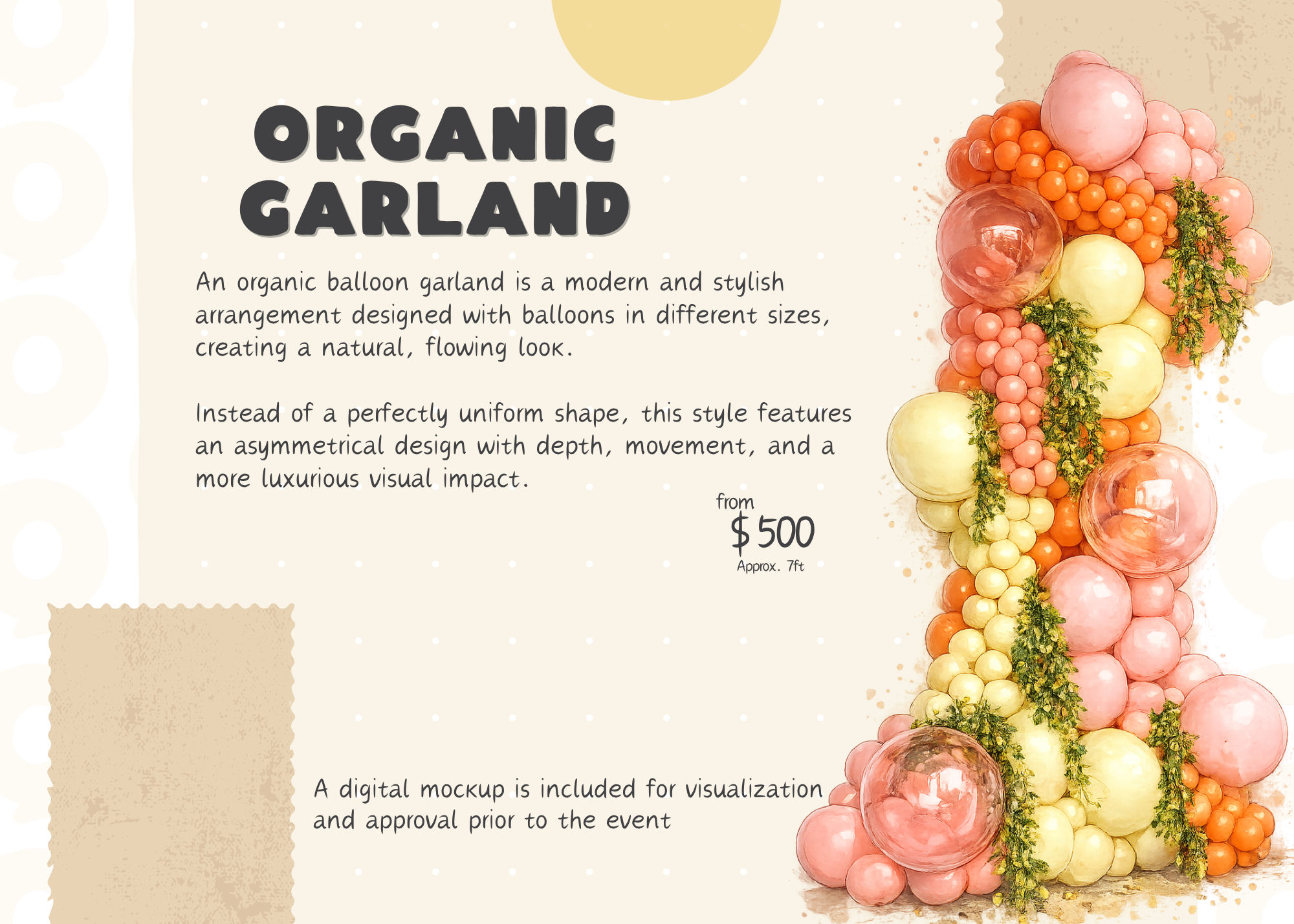 Organic balloon garland by BeeDecor with different balloon sizes, peach, pink, yellow, and clear balloons, starting at $500 for personalized event decor in Boston.
