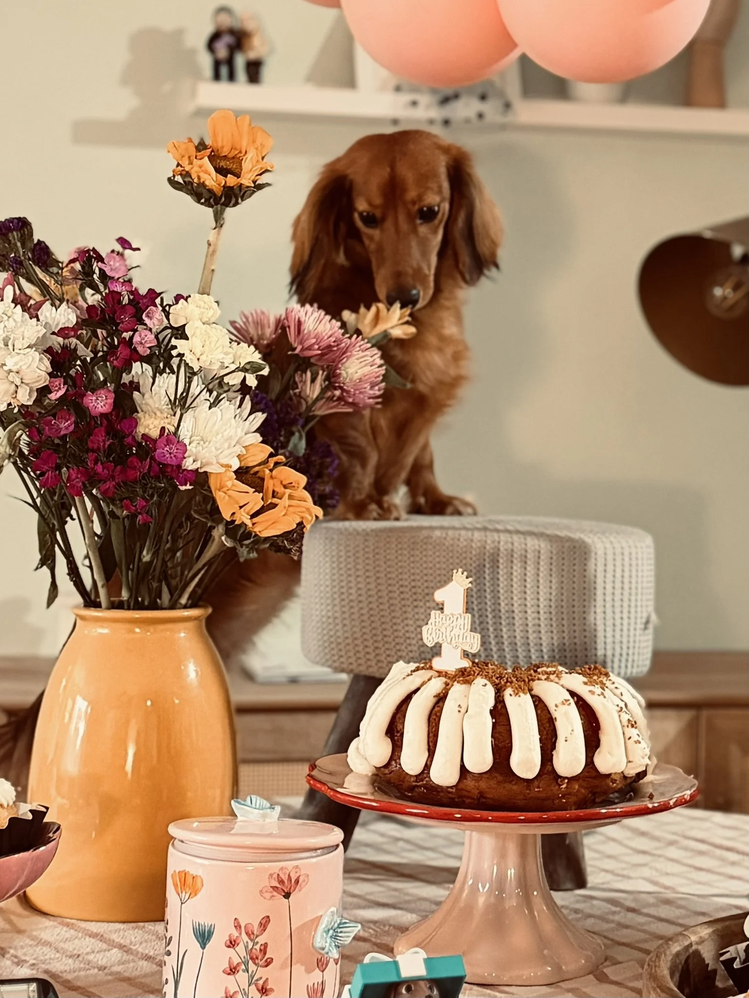 First birthday party decor for a dachshund with cake table, soft balloon styling, flowers, and custom details in Boston.