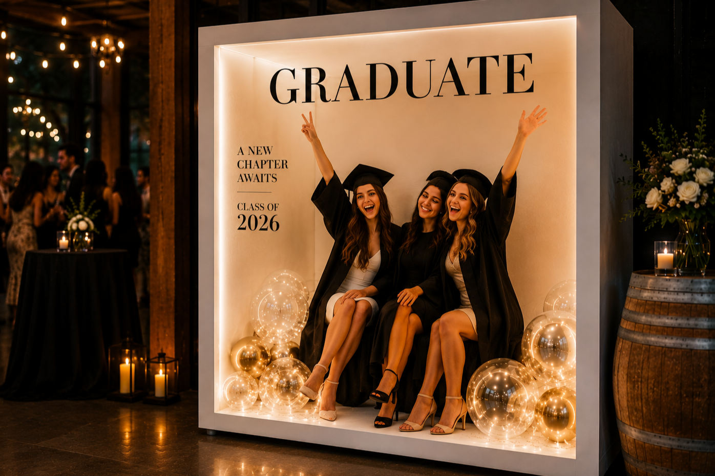Custom graduation photo booth experience with balloons, backdrop, and glowing lights in Boston.