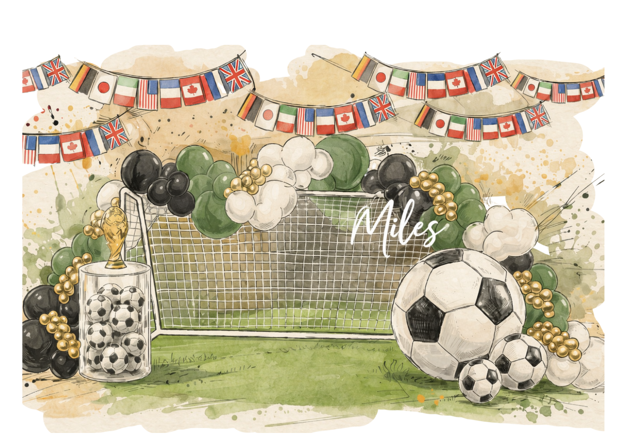 Custom soccer-themed Bar Mitzvah decor with balloons, soccer details, and celebration backdrop in Boston.
