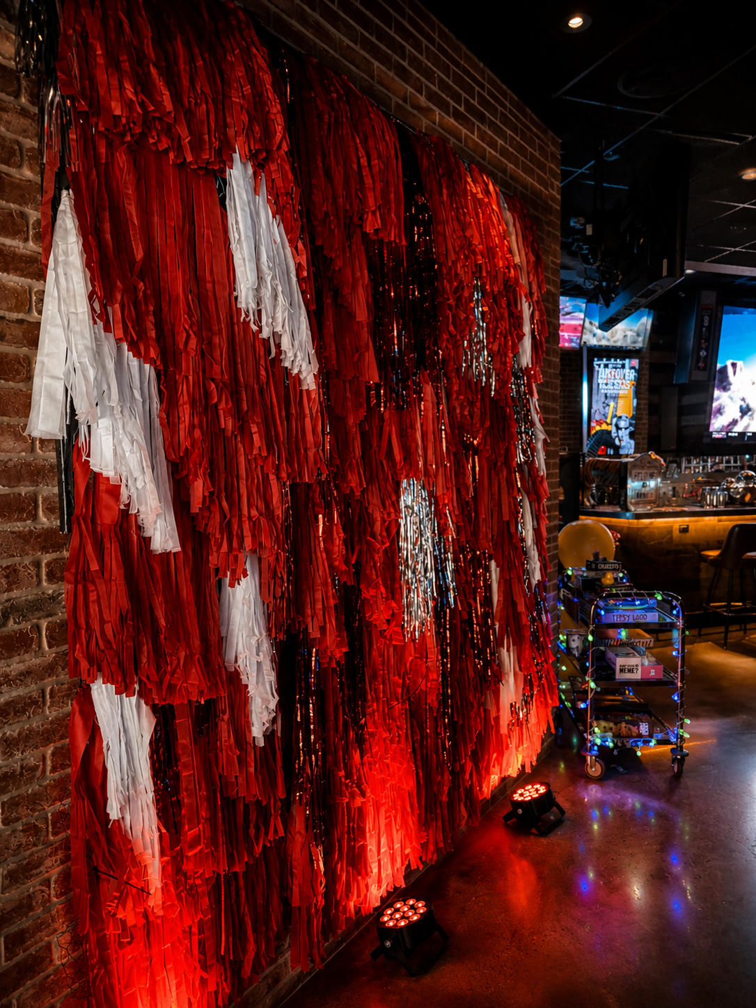 Custom fringe backdrop with red, white, black, and silver fringe details for a party photo moment in Boston.