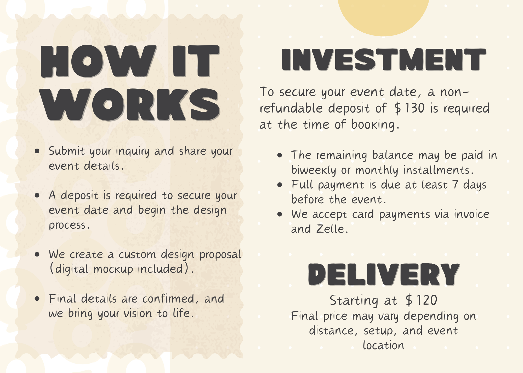 BeeDecor booking process, investment details, deposit information, payment options, and delivery starting at $120 for personalized balloon decor in Boston and surrounding areas.