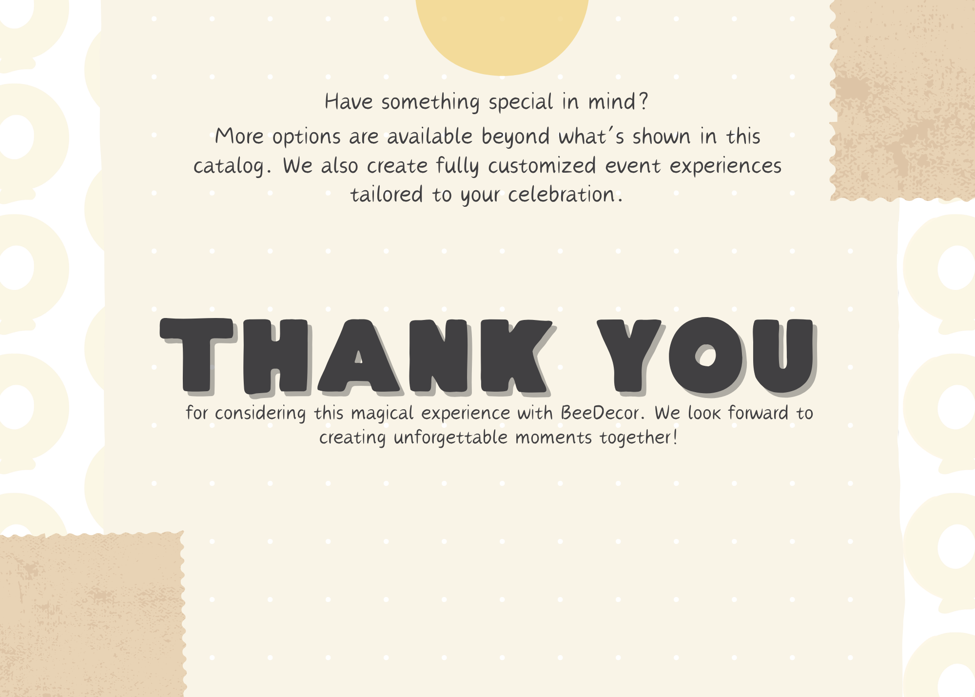 BeeDecor thank you page for custom event experiences, personalized balloon decor, and celebration packages designed for unforgettable events in Boston.