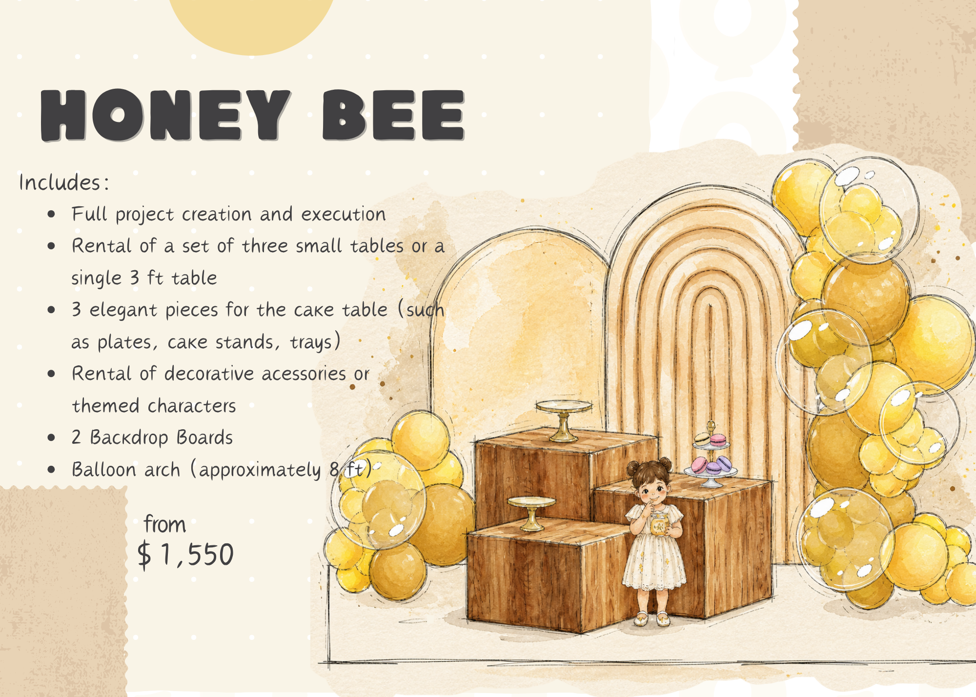 Honey Bee package by BeeDecor featuring a fuller balloon setup, backdrop boards, cake tables, themed decorations, and custom event design starting at $1,550.
