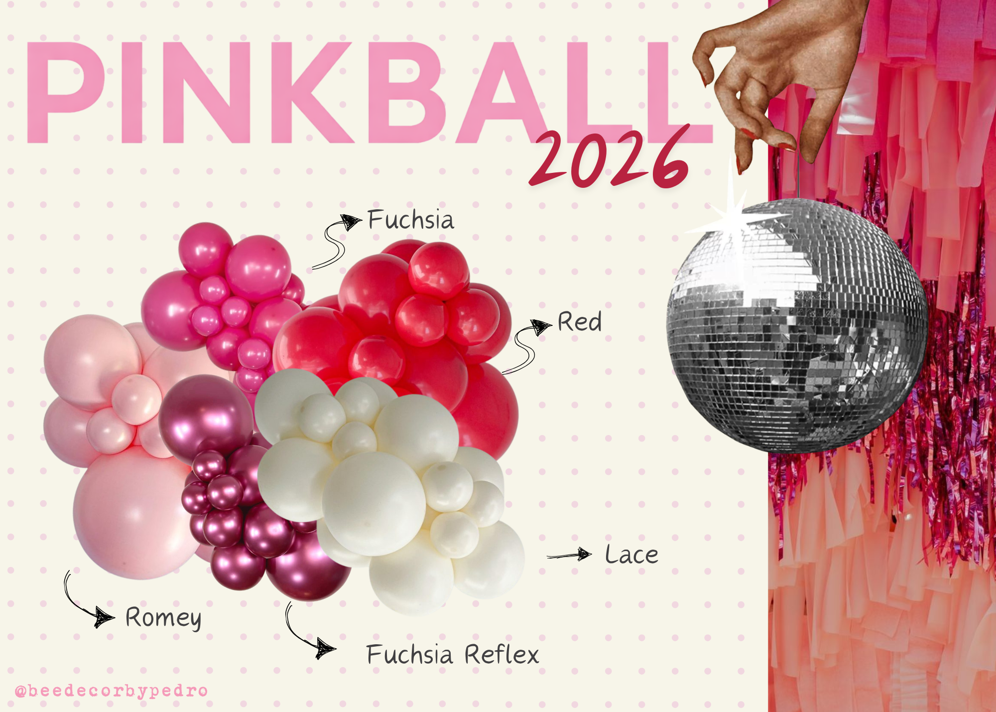 Pinkball 2026 event styling concept with pink balloon decor, fringe backdrop, and giant mirror ball.